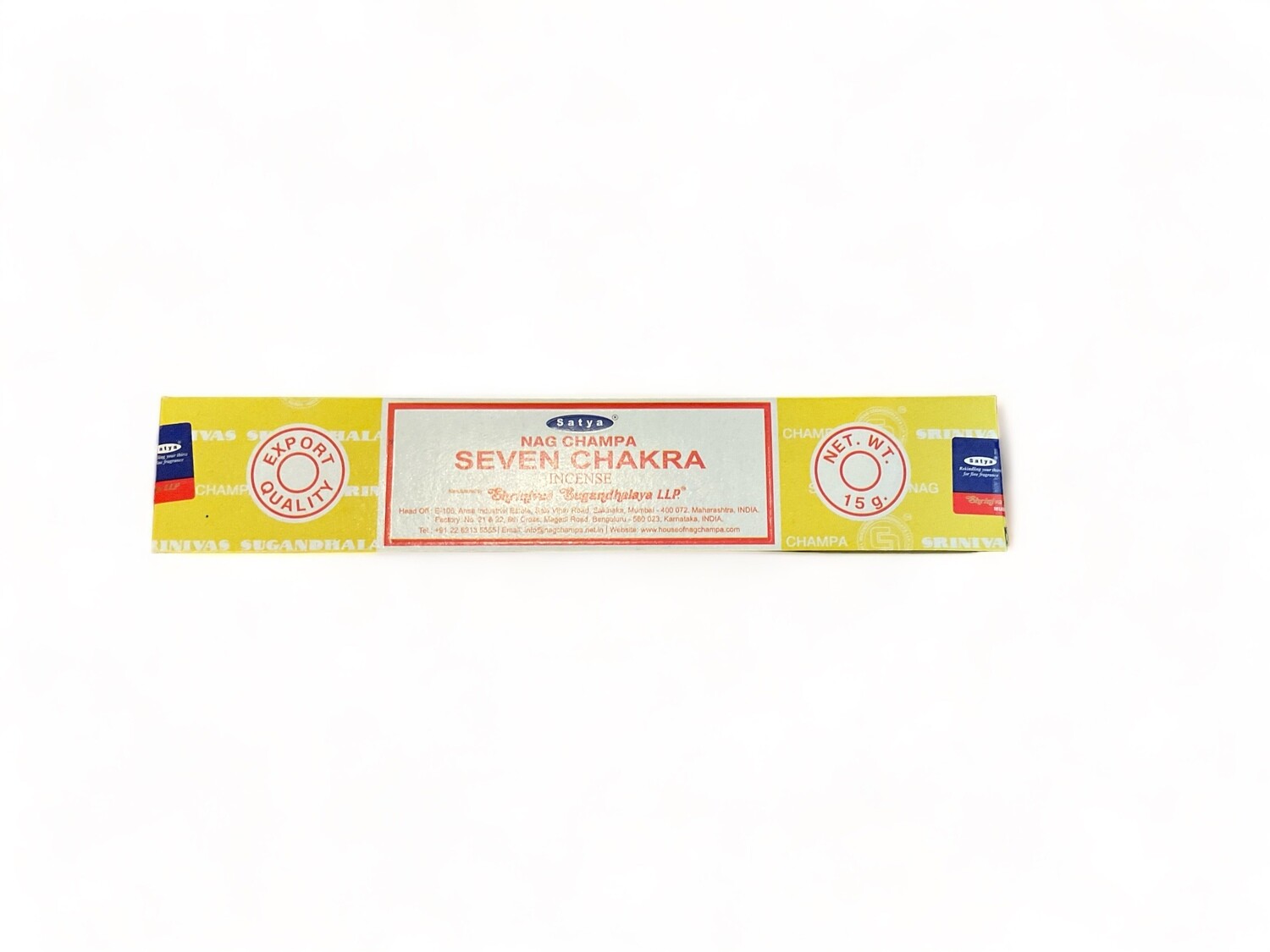 Photo of a box containing fifteen Satya Seven Chakra incense sticks. The packaging highlights the hand-rolled craftsmanship by Shrinivas Sugandhalaya in India. Each stick is made with natural extracts, offering a sweet, earthy fragrance. 