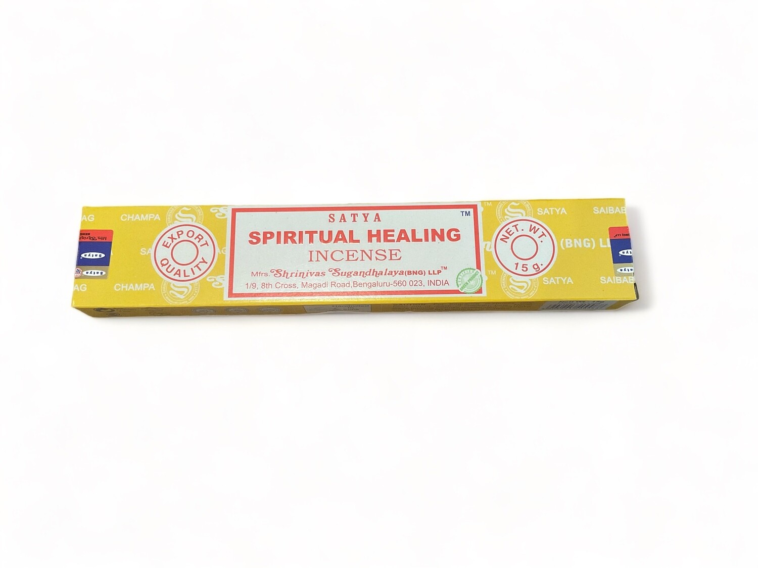 Image of a box containing fifteen Satya Spiritual Healing incense sticks. The packaging showcases the high-quality, hand-rolled incense crafted in India with pure extracts. Each stick is designed to produce a long-lasting, aromatic, earthy scent. 
