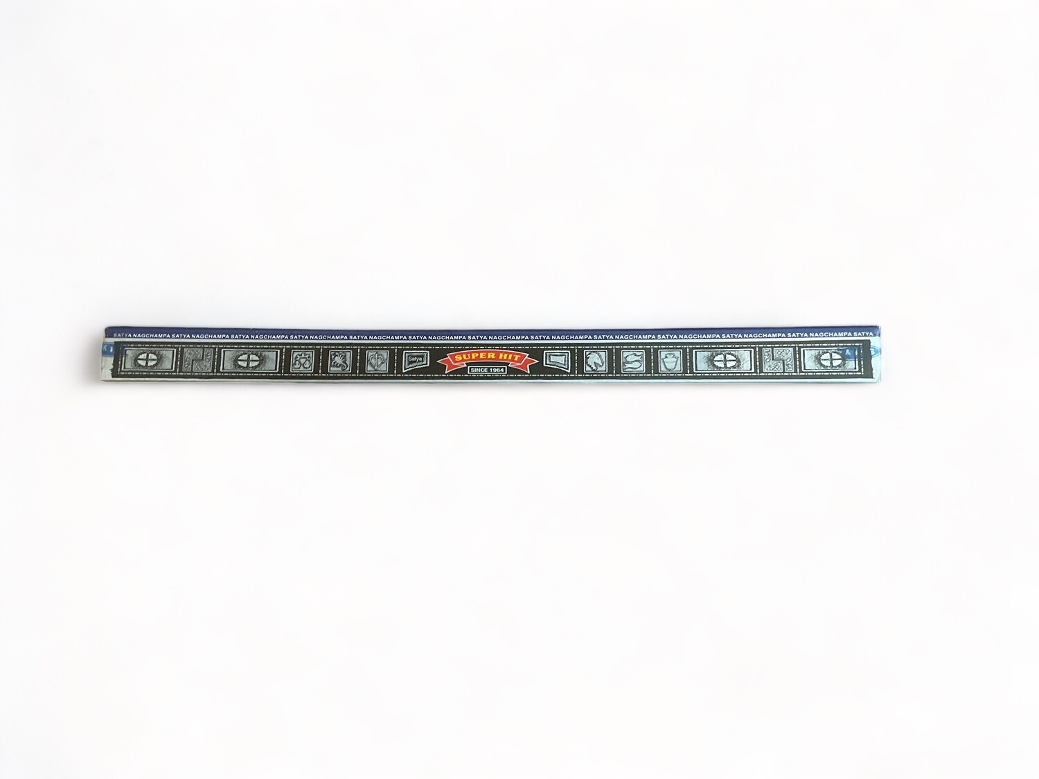 Image of a box containing ten Satya Super Hit incense sticks. The packaging highlights the incense&#39;s hand-rolled quality by Shrinivas Sugandhalaya, crafted in India using pure extracts. The sticks are designed to offer a sweet, long-burning, earthy aroma. 