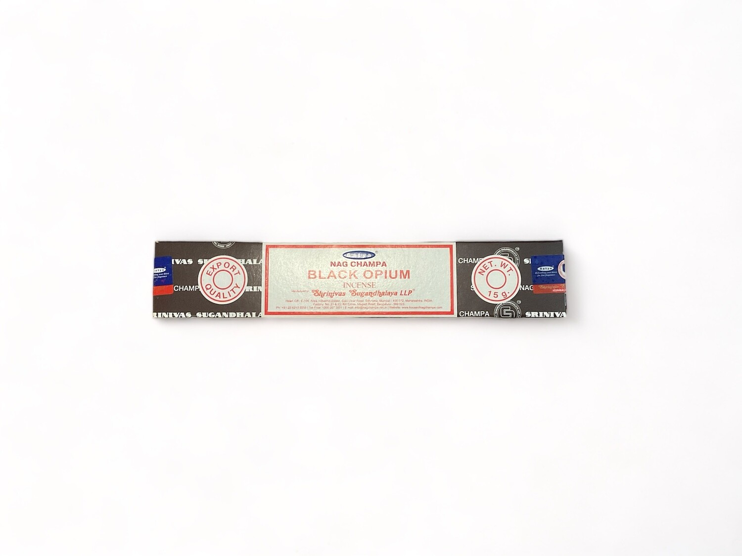 Photo of a box of fifteen Satya Black Opium incense sticks, hand-rolled and imported from India. The box is compact and labeled, indicating the incense&#39;s high-quality ingredients including pure extracts and fine oils. The fragrance is described as sweet and earthy, designed to last long after burning. 