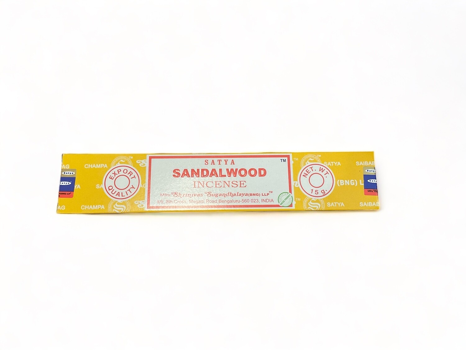 Photo of a box containing fifteen Satya Sandalwood incense sticks. The packaging highlights the high quality of the incense, hand-rolled by Shrinivas Sugandhalaya in India. Each stick is made with pure extracts, designed for a long-lasting, earthy aroma.