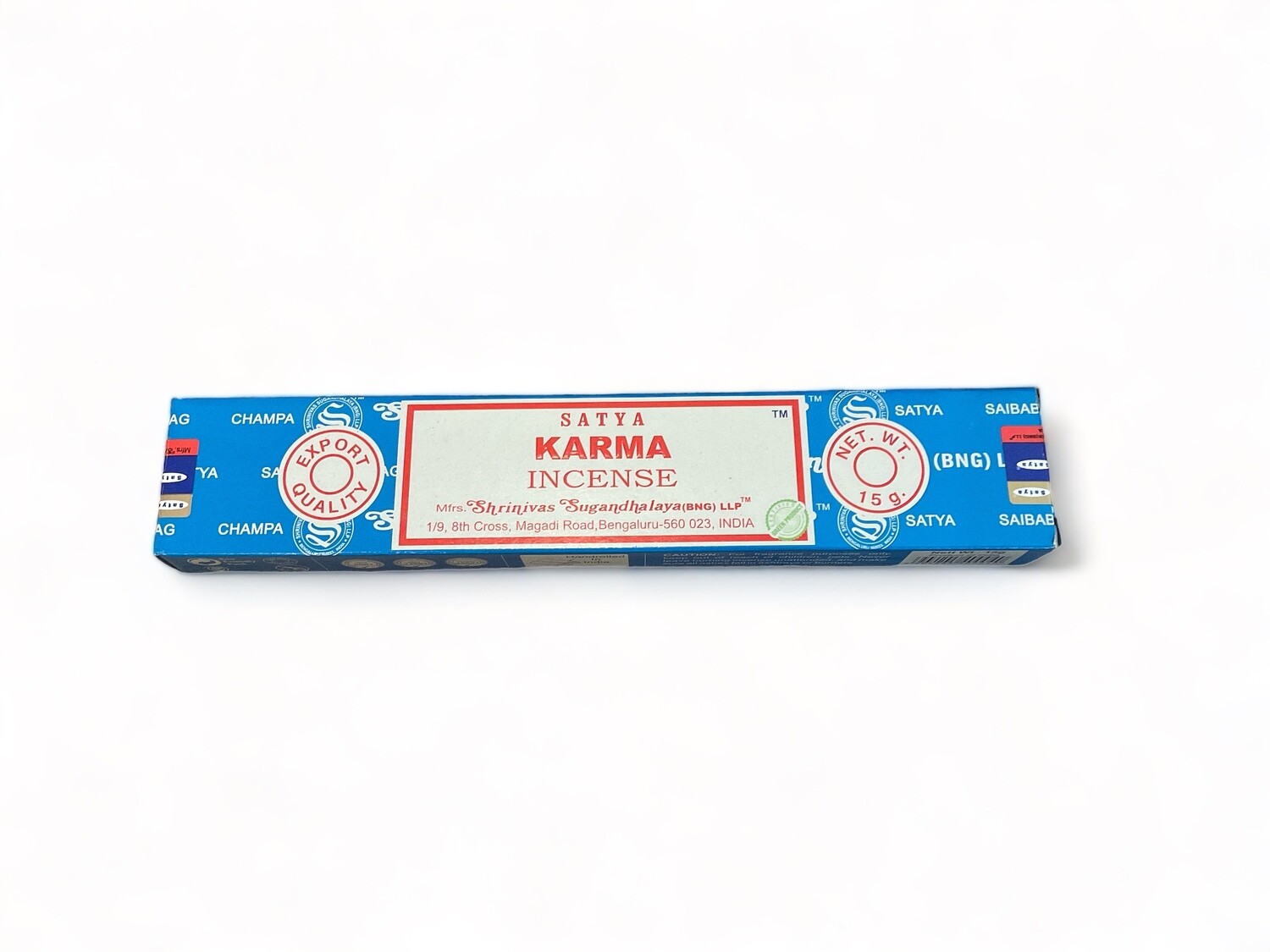 Photo of a box of Satya Karma Incense featuring 15 hand-rolled sticks. The incense is made in India using pure extracts and fine oils. The incense is ideal for enhancing spiritual practices with its sweet, long-lasting fragrance. 