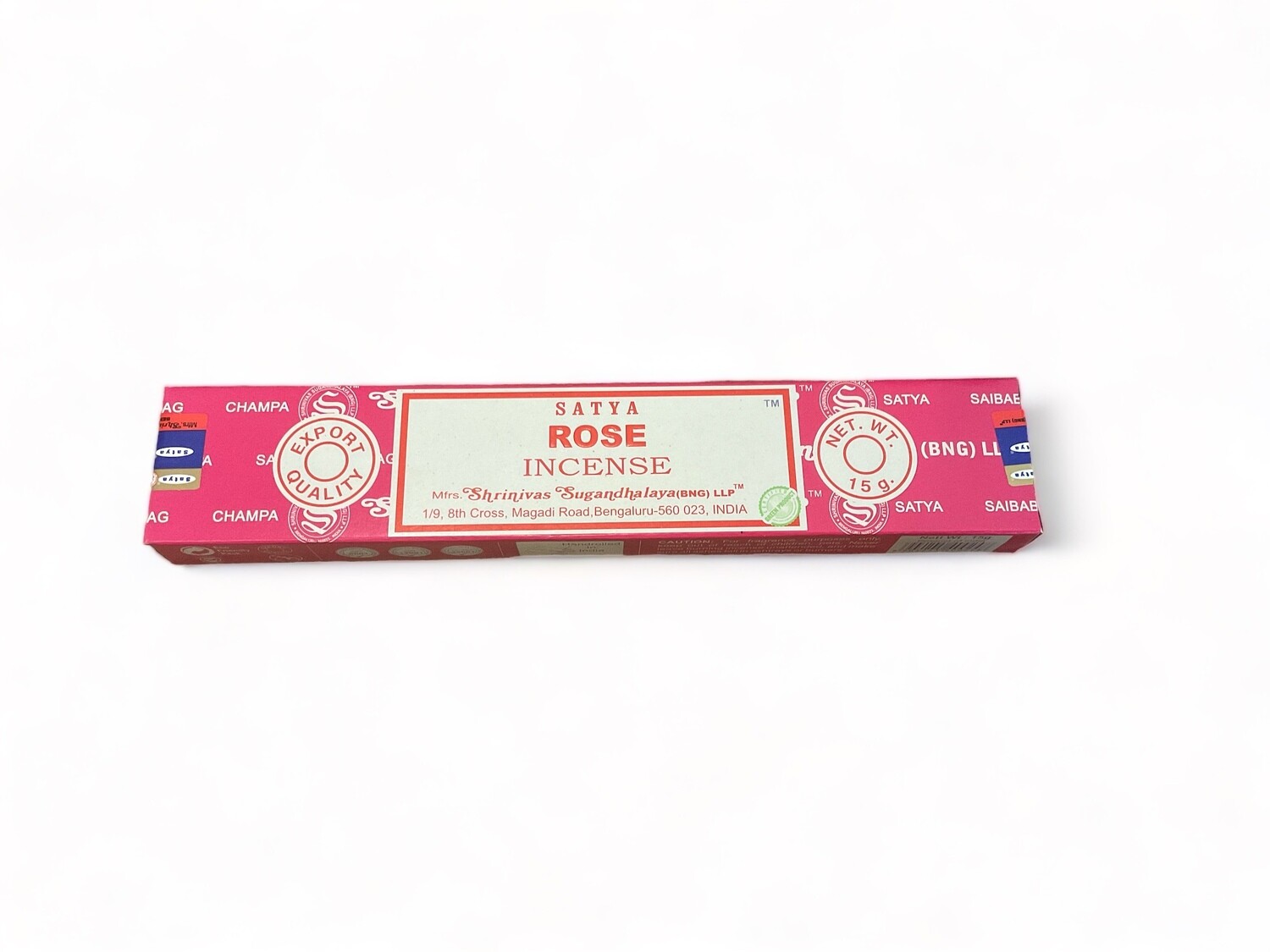 Photo of a box containing fifteen Satya Rose incense sticks. The box is labeled as containing premium hand-rolled sticks crafted by Shrinivas Sugandhalaya in India. Each stick is made with pure extracts, designed to produce a sweet and long-lasting floral fragrance. 