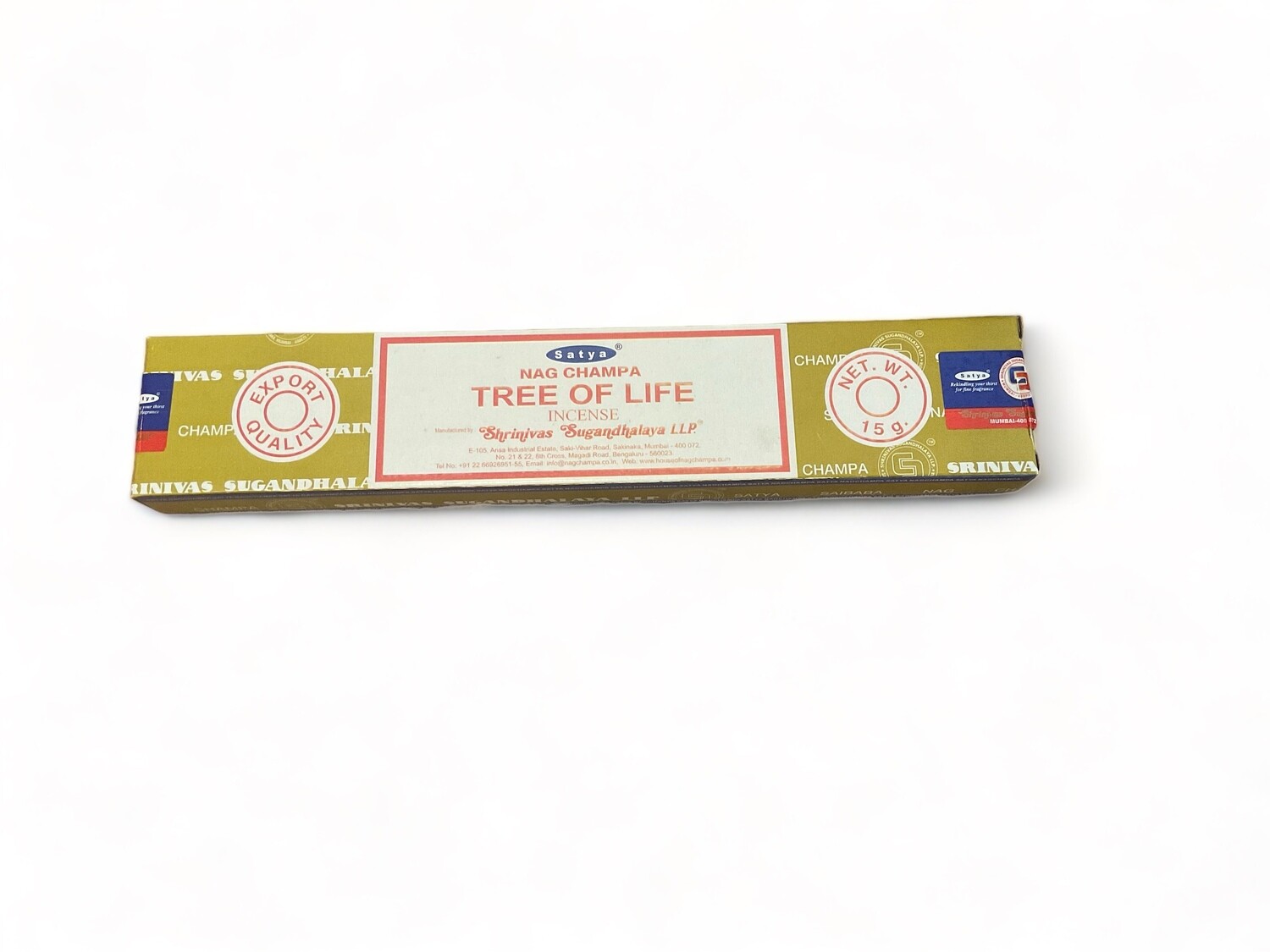 Image of a box containing fifteen Satya Tree of Life incense sticks. The packaging highlights the high quality of the hand-rolled sticks, crafted by Shrinivas Sugandhalaya in India using all-natural extracts. Each stick offers a sweet, long-lasting earthy fragrance. 