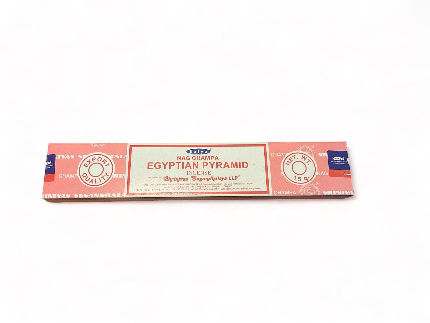 Photo of a box of 15 Satya Egyptian Pyramid incense sticks by Shrinivas Sugandhalaya. Each stick is hand-rolled in India. The box includes a detailed label indicating that the incense is made from pure extracts and fine oils. The fragrance is described as sweet and earthy, designed to be long-lasting. The packaging is compact and includes information about the product&#39;s high-quality ingredients and its origin.