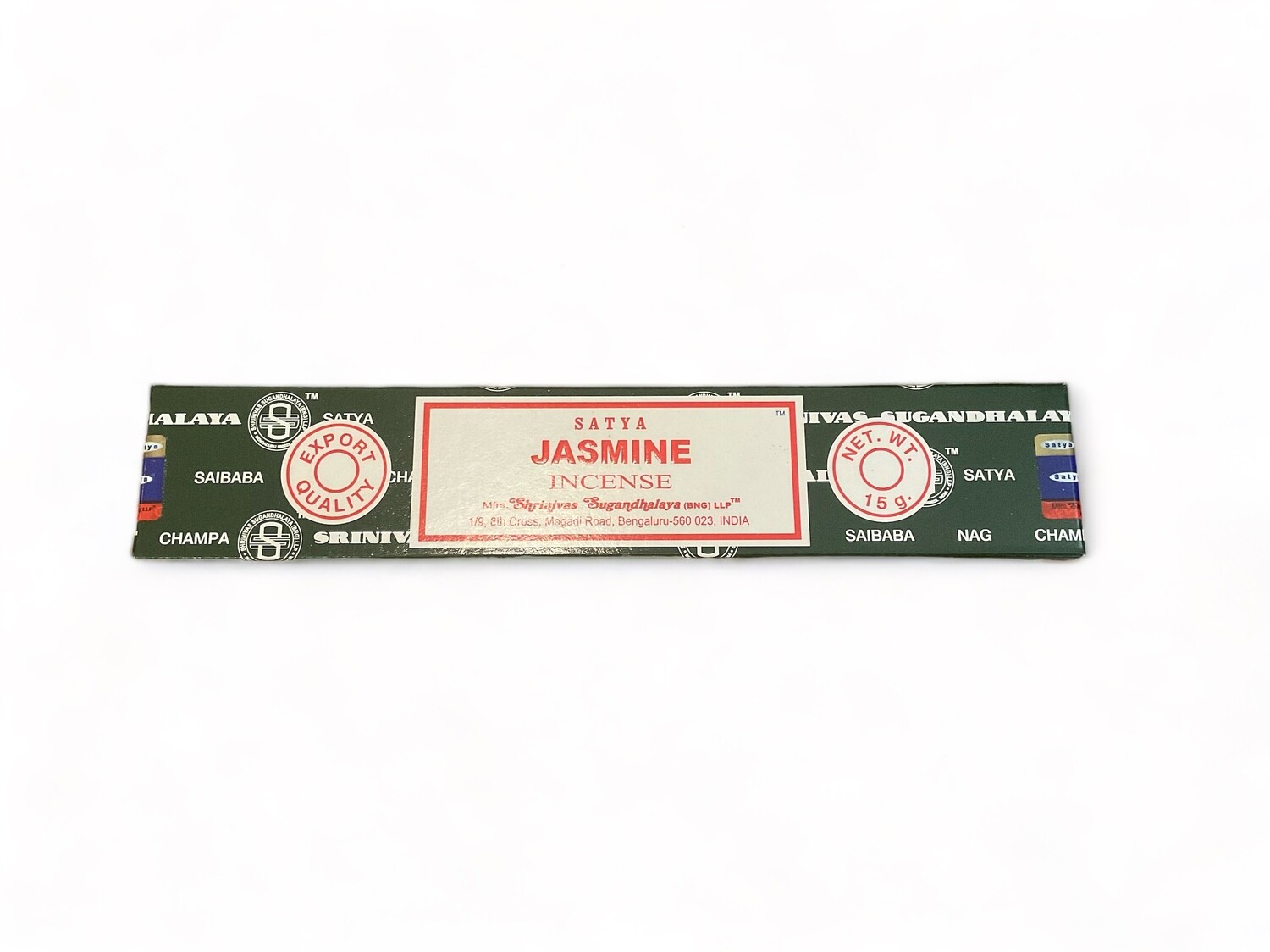 Image of a box of Satya Jasmine Incense containing 15 hand-rolled sticks. The box is labeled with &#39;Satya Jasmine Incense&#39; and highlights its floral fragrance. The incense sticks are made with pure extracts and fine oils, offering a sweet and long-lasting aroma. 