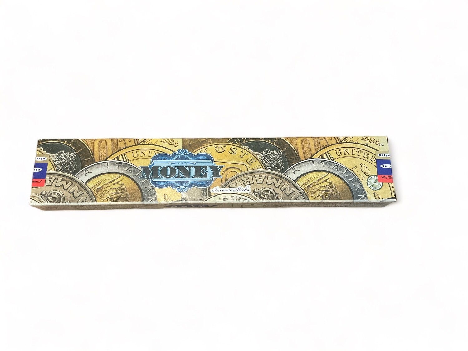 Image of a box of Satya Money Incense, featuring 15 hand-rolled sticks made by Shrinivas Sugandhalaya in India. Intended to enhance abundance and prosperity the product emphasizes high-quality ingredients and a long-lasting aroma.