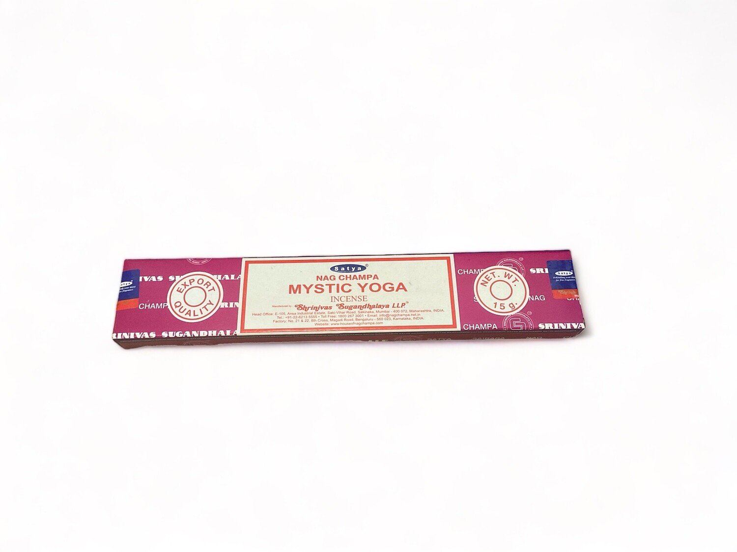 Image of a box of Satya Mystic Yoga Incense containing 15 hand-rolled sticks. The incense sticks are crafted in India using pure extracts and fine oils, offering a long-lasting, sweet, and earthy aroma ideal for spiritual practice and relaxation.