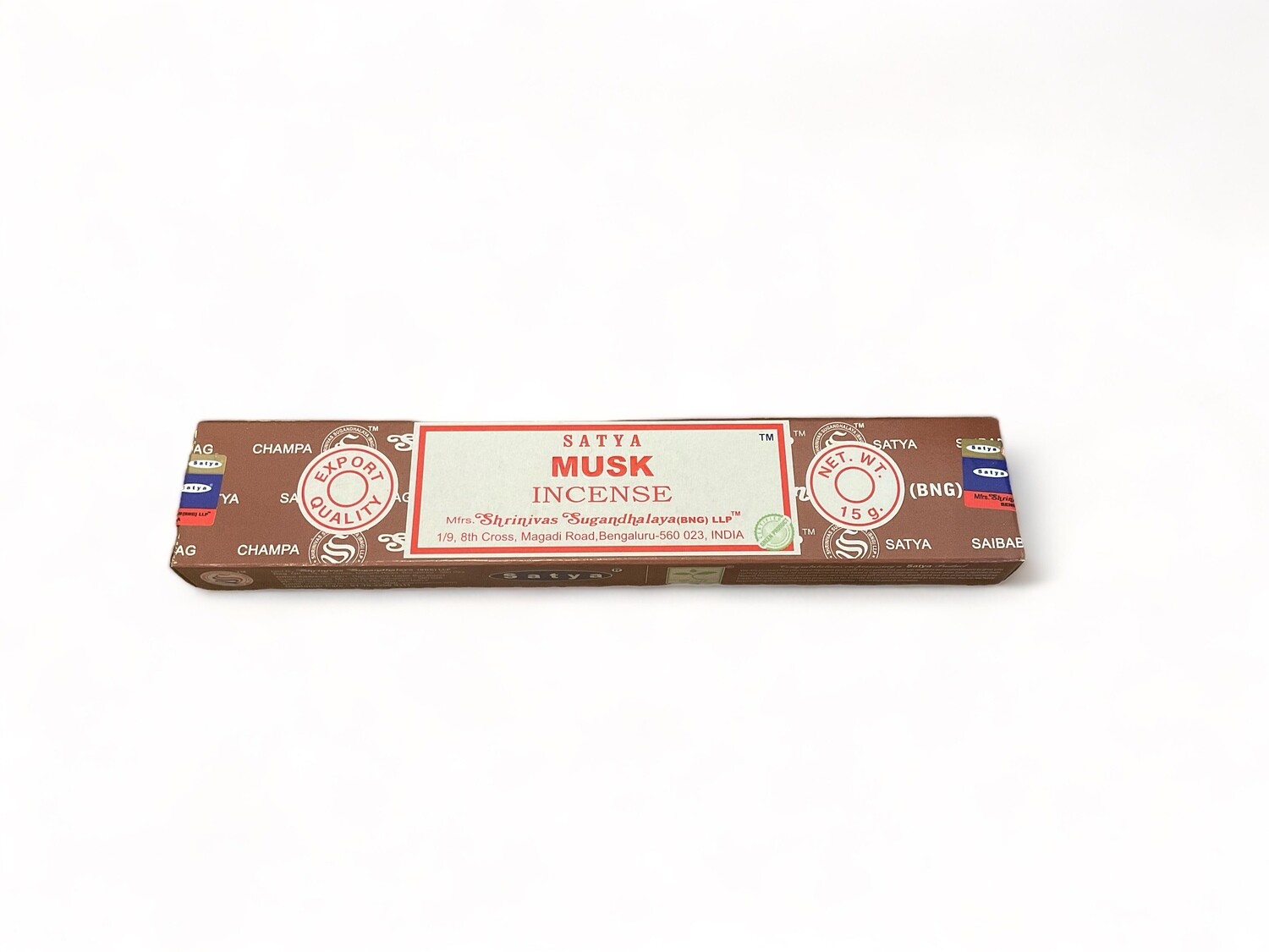 Image of Satya Musk Incense box featuring 15 hand-rolled sticks. High-quality musk incense from Shrinivas Sugandhalaya. Each stick is designed to emit a long-lasting, earthy aroma, reflecting its premium, natural ingredients sourced from India.