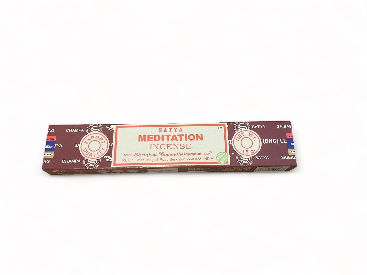 Photo of a box of Satya Meditation Incense by Shrinivas Sugandhalaya. The box contains 15 hand-rolled incense sticks, each crafted from pure, natural extracts and oils. 