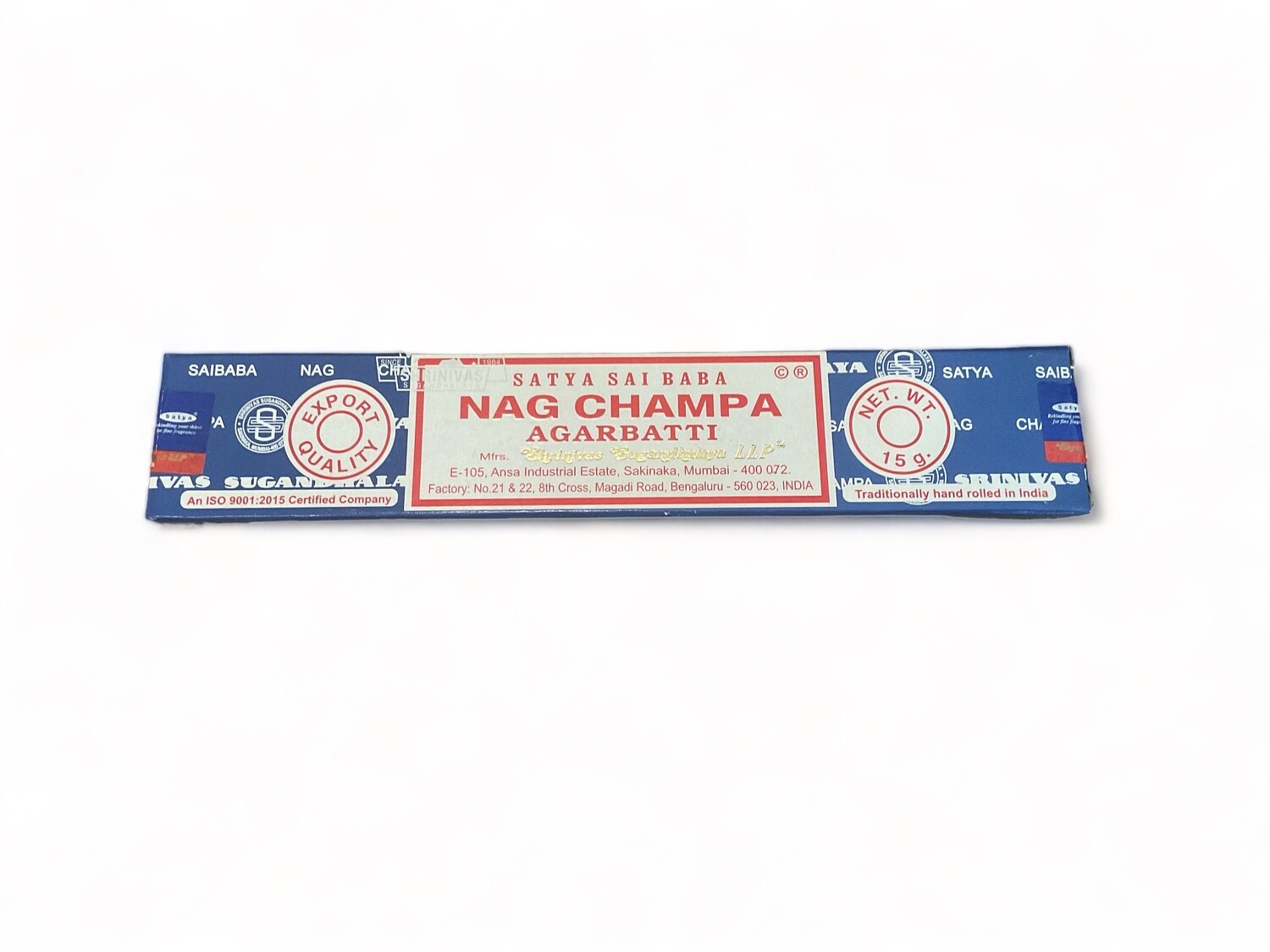 Photo of a box containing fifteen hand rolled Nag Champa incense sticks. The packaging highlights the premium quality of the incense, crafted in India with pure extracts and oils. Each stick is designed for long-lasting burn and offers a sweet, earthy aroma. 