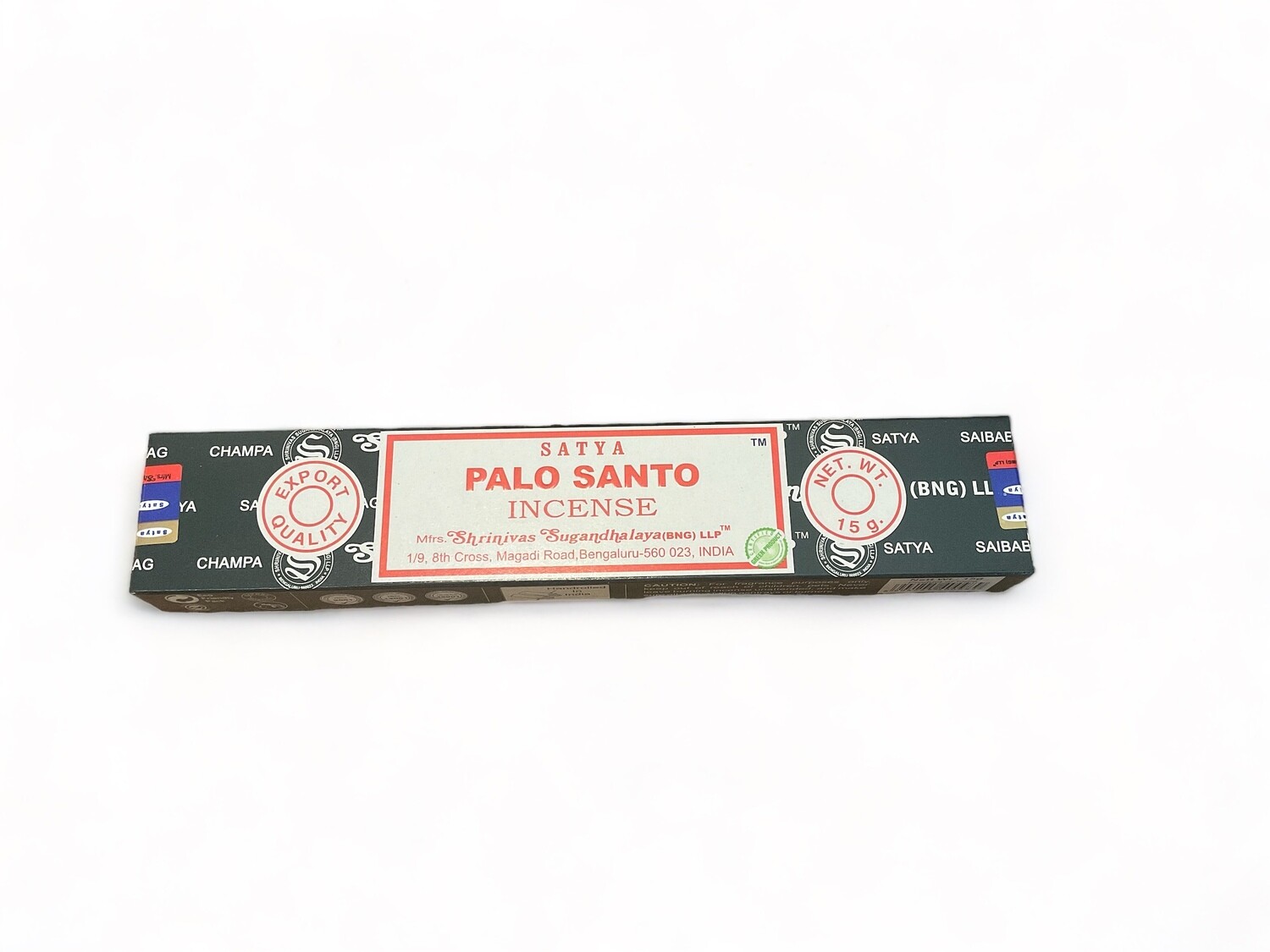 Image of a box containing 15 Satya Palo Santo incense sticks. The packaging highlights the incense&#39;s high quality and its hand-rolled craftsmanship in India. Each stick is designed for an extended burn time, offering a sweet and earthy fragrance. Use for centering and relaxation.