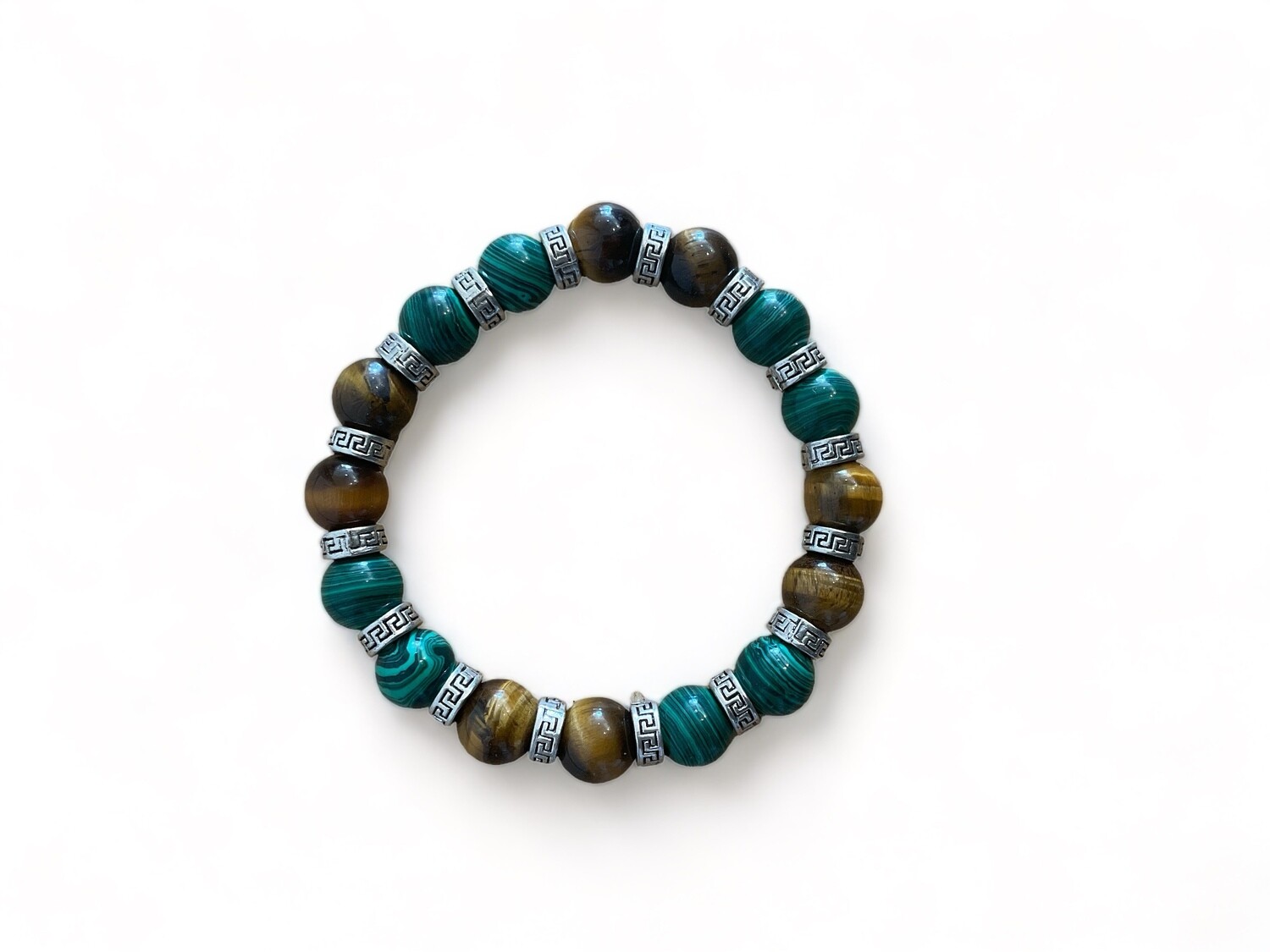 Image of a 10mm crystal bracelet featuring tiger eye and malachite beads. This spiritual crystal bracelet is designed to enhance courage, balance, and positive energy.