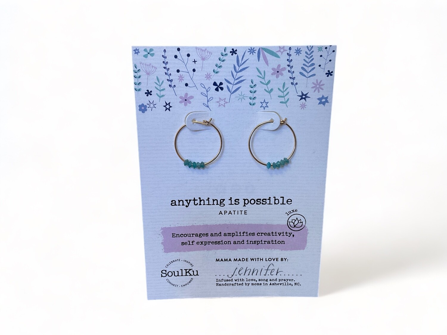 Close-up of Apatite Gold Hoop Earrings featuring cool blueish green Apatite gemstones set in gold hoops. These earrings add a cheerful splash of color and are noted for their metaphysical energy.