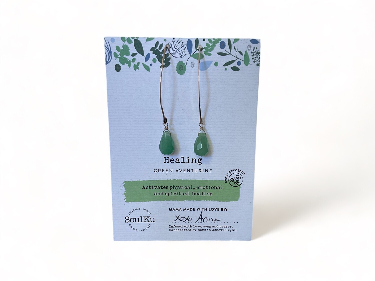 Image of long earrings with Green Aventurine gemstones set in golden-toned metal. The earrings dangle gracefully, showcasing the vibrant green color of the aventurine. Designed to enhance physical, emotional, and spiritual healing, these stylish earrings offer both beauty and therapeutic benefits.