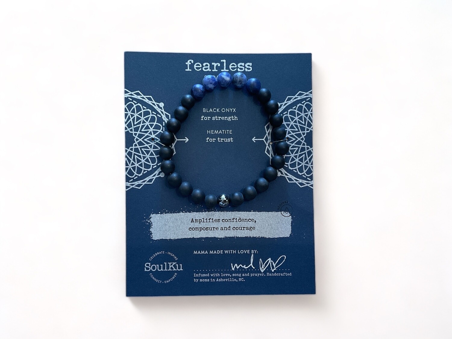 Image of a Men&#39;s bracelet with 8mm Sodalite, Black Onyx, and Hematite beads. Enhances confidence, composure, and strength, making it a great gift for continued courage and trust.