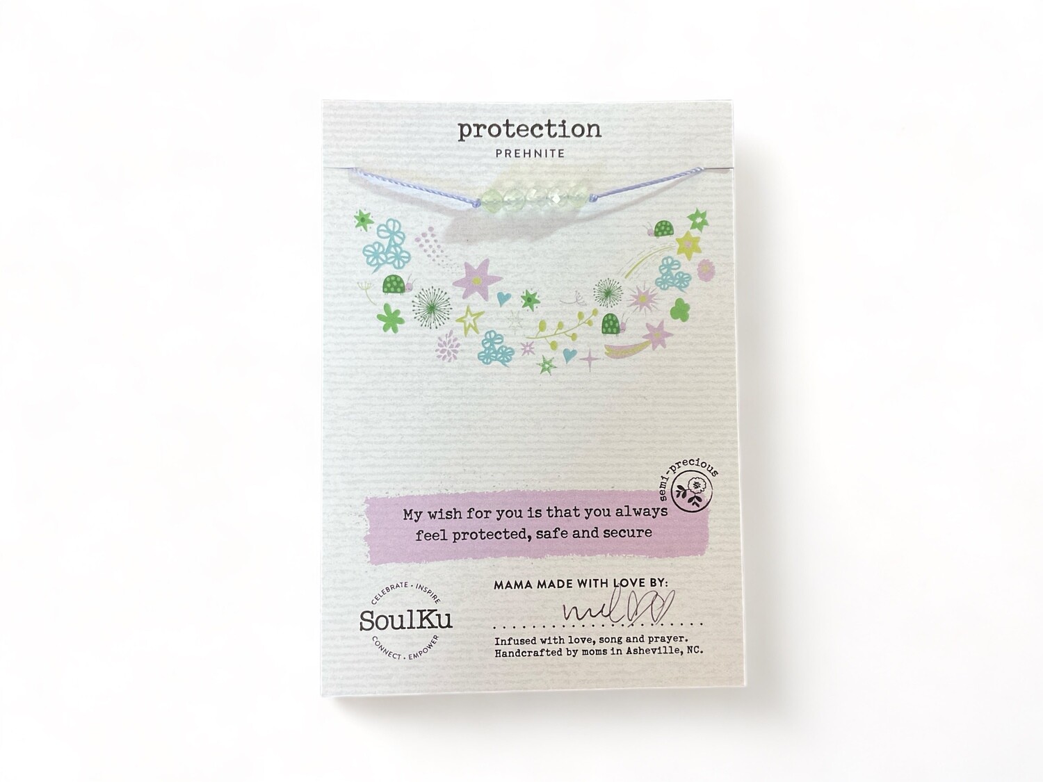 Image of a children&#39;s necklace featuring light green prehnite gemstones. The necklace is designed for children, to support safety and protection.