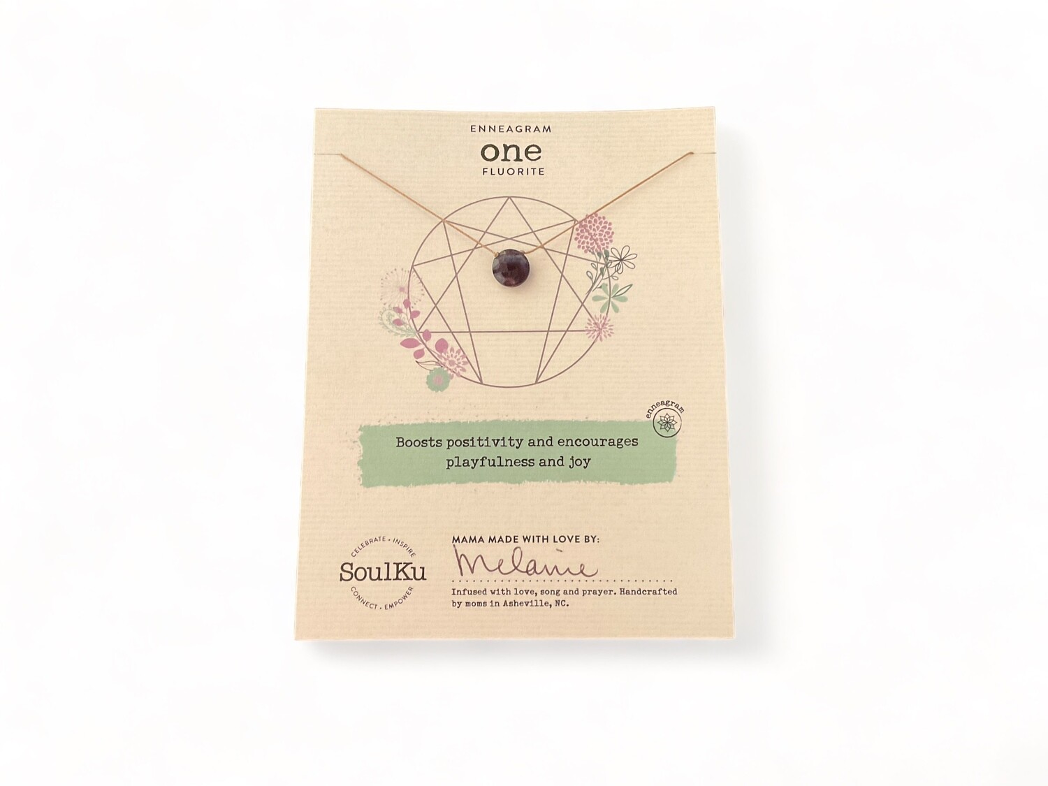 Image of an Enneagram One Fluorite Crystal Necklace featuring a Fluorite pendant. The necklace is designed to boost positivity, encourage playfulness, and add a touch of class to any outfit.
