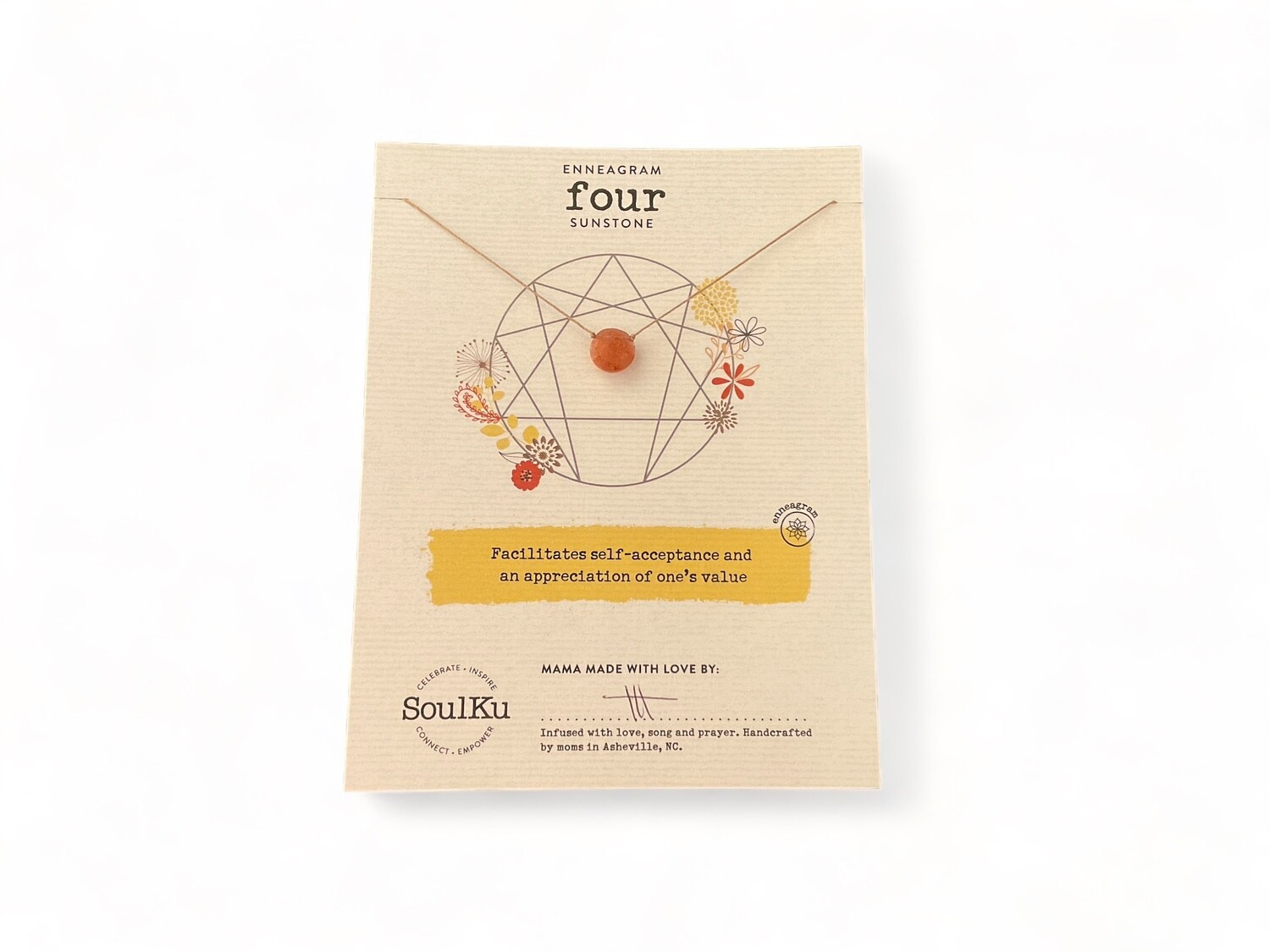 Image of an Enneagram Four Sunstone Necklace featuring a single, warm, golden to reddish-brown Sunstone crystal. Sunstone is known to support self-acceptance and help bring in warmth and joy.