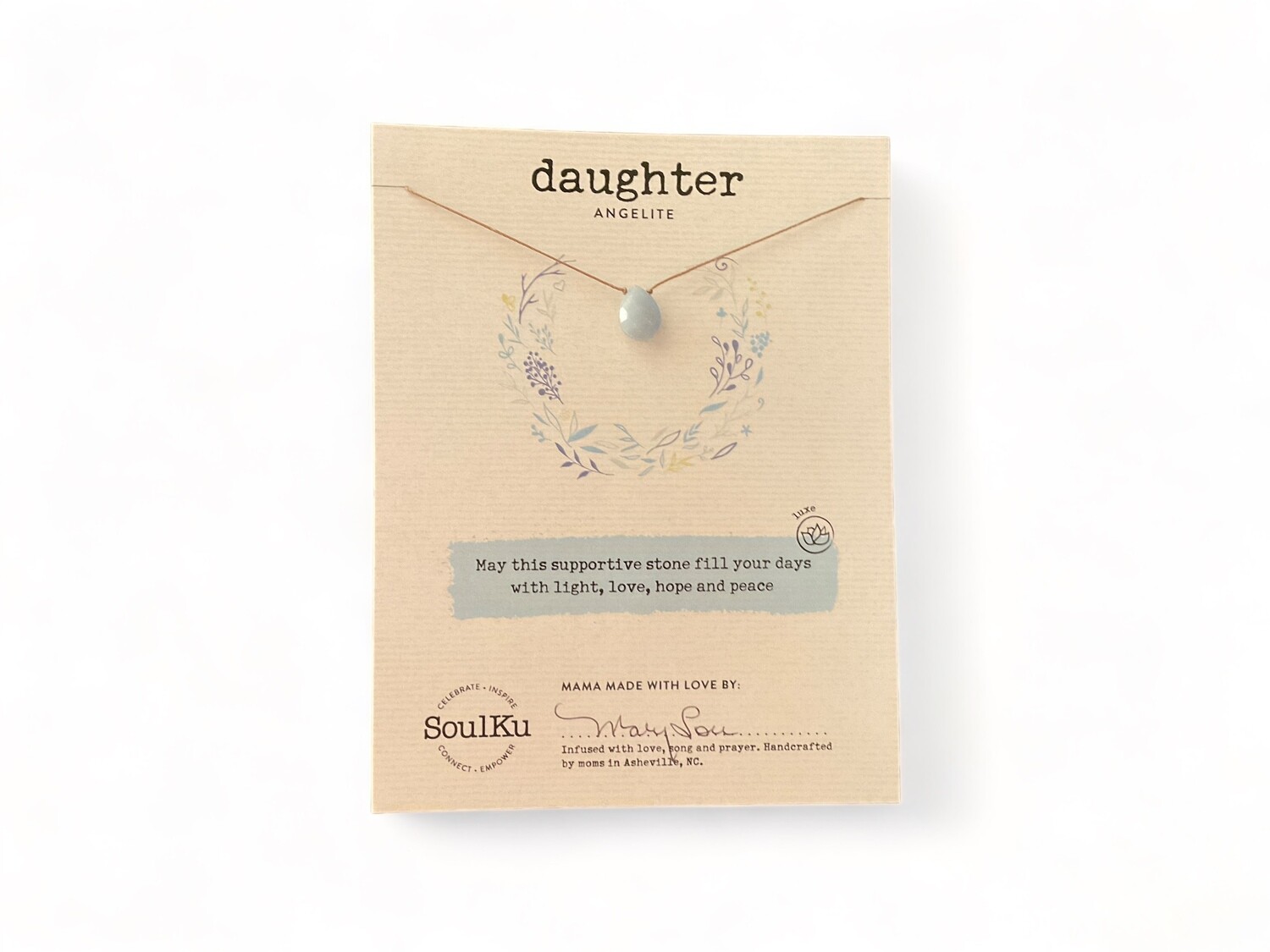 A calming blue angelite gemstone necklace for daughters featuring a light blue pendant. Designed to enhance communication and spiritual connection, ideal as a cherished gift.