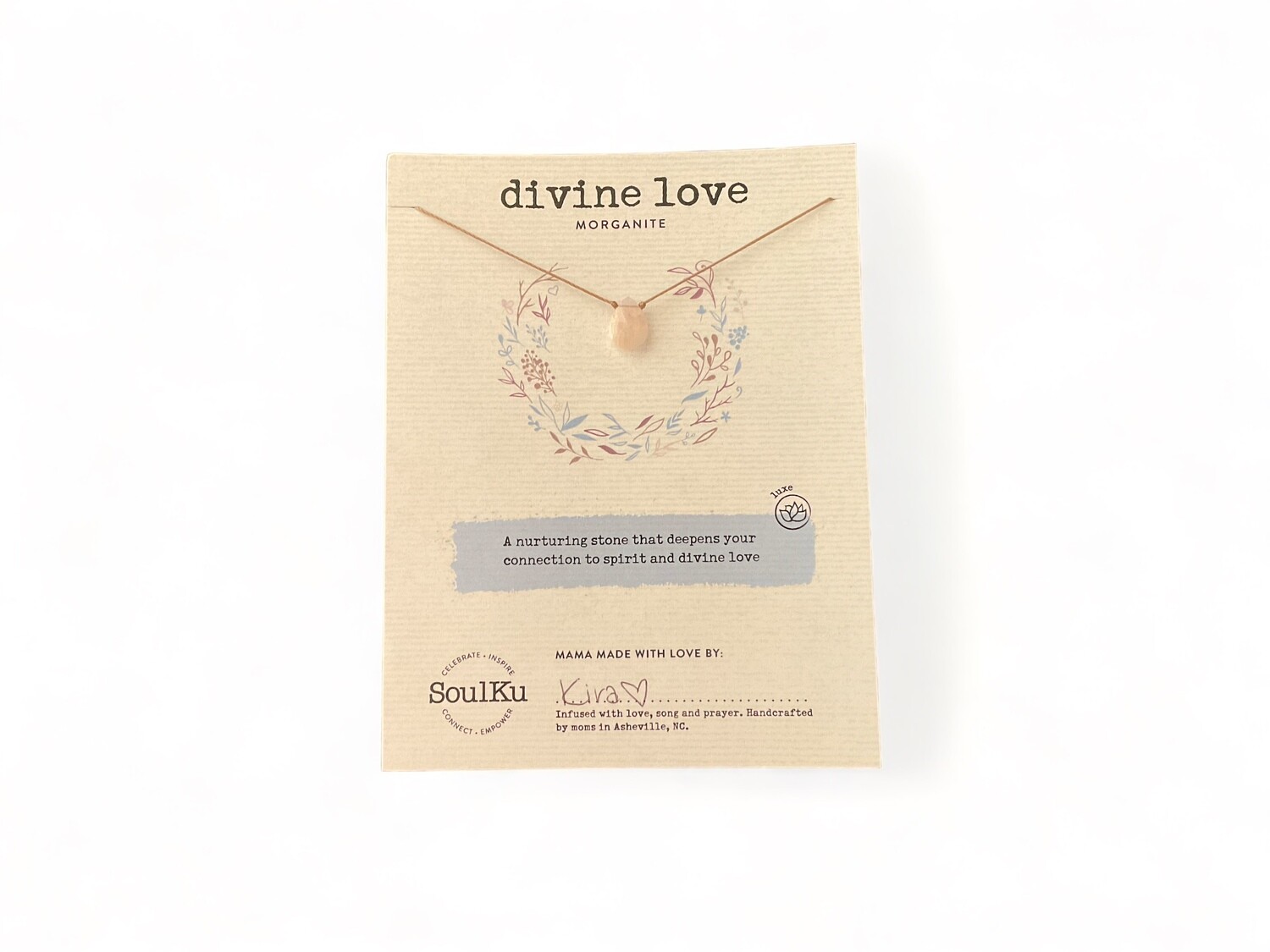 Image of a Luxe Morganite Necklace featuring a soft pink gemstone with a smooth finish. The necklace is designed to enhance spiritual connection and emotional healing.