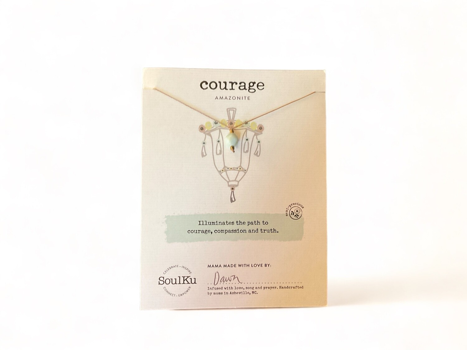 Image of a Lantern Amazonite Intention Necklace featuring a green-blue gemstone with a unique lantern cut. The necklace showcases the gemstone&#39;s vibrant color and smooth, polished finish, designed to inspire courage and balance.