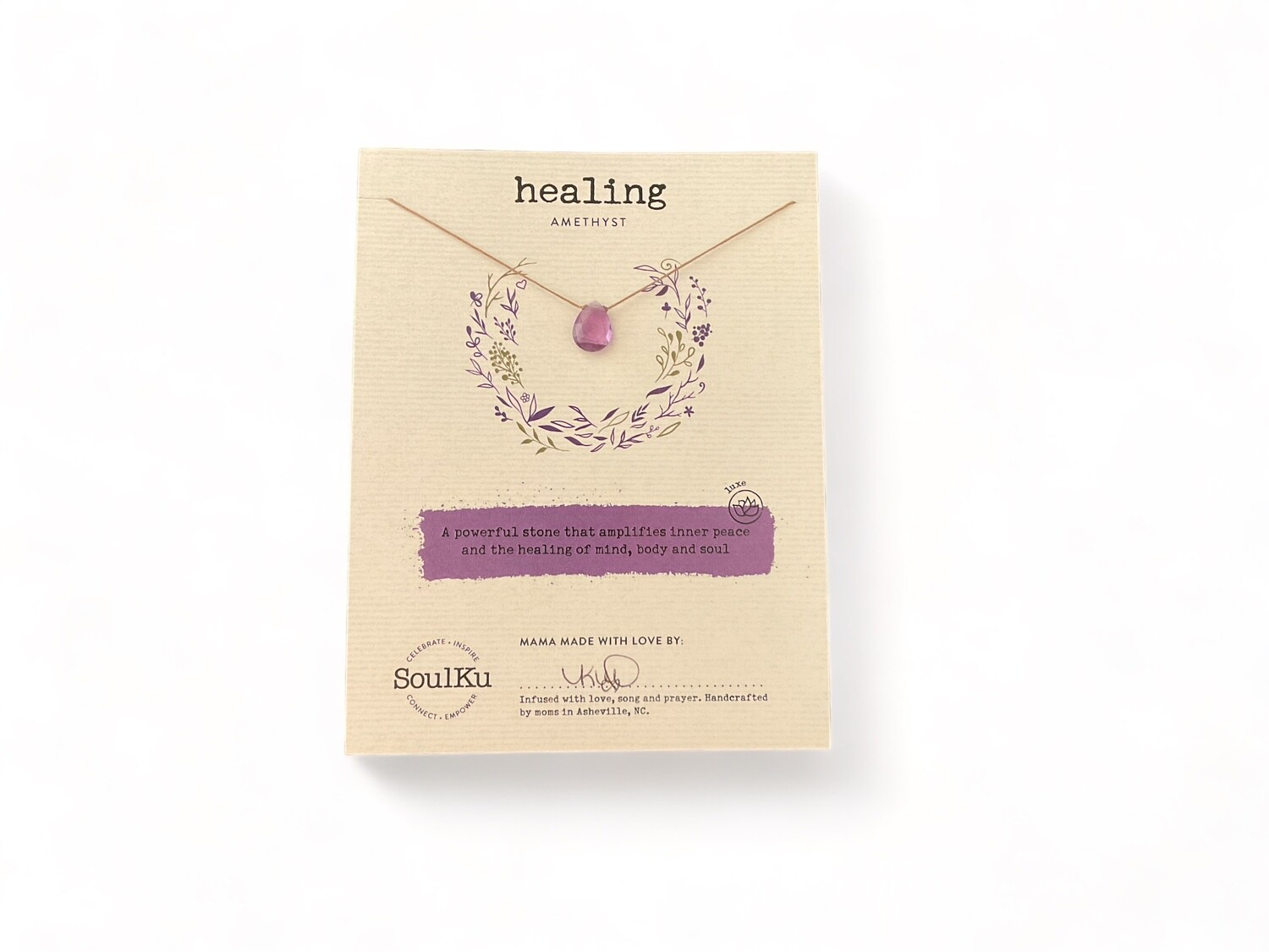 Image of a Luxe Amethyst Crystal Intention Necklace featuring a high-quality deep purple amethyst with exceptional clarity and a polished, refined cut. The necklace is designed to enhance inner peace and healing.