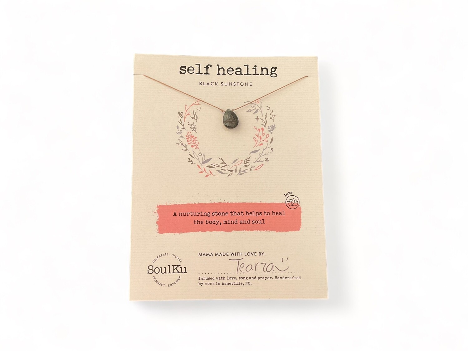 Image of a Luxe Black Sunstone Intention Necklace featuring a deep black gemstone. The necklace is designed for self-healing and enhances body, mind, and soul, making it a thoughtful gift.