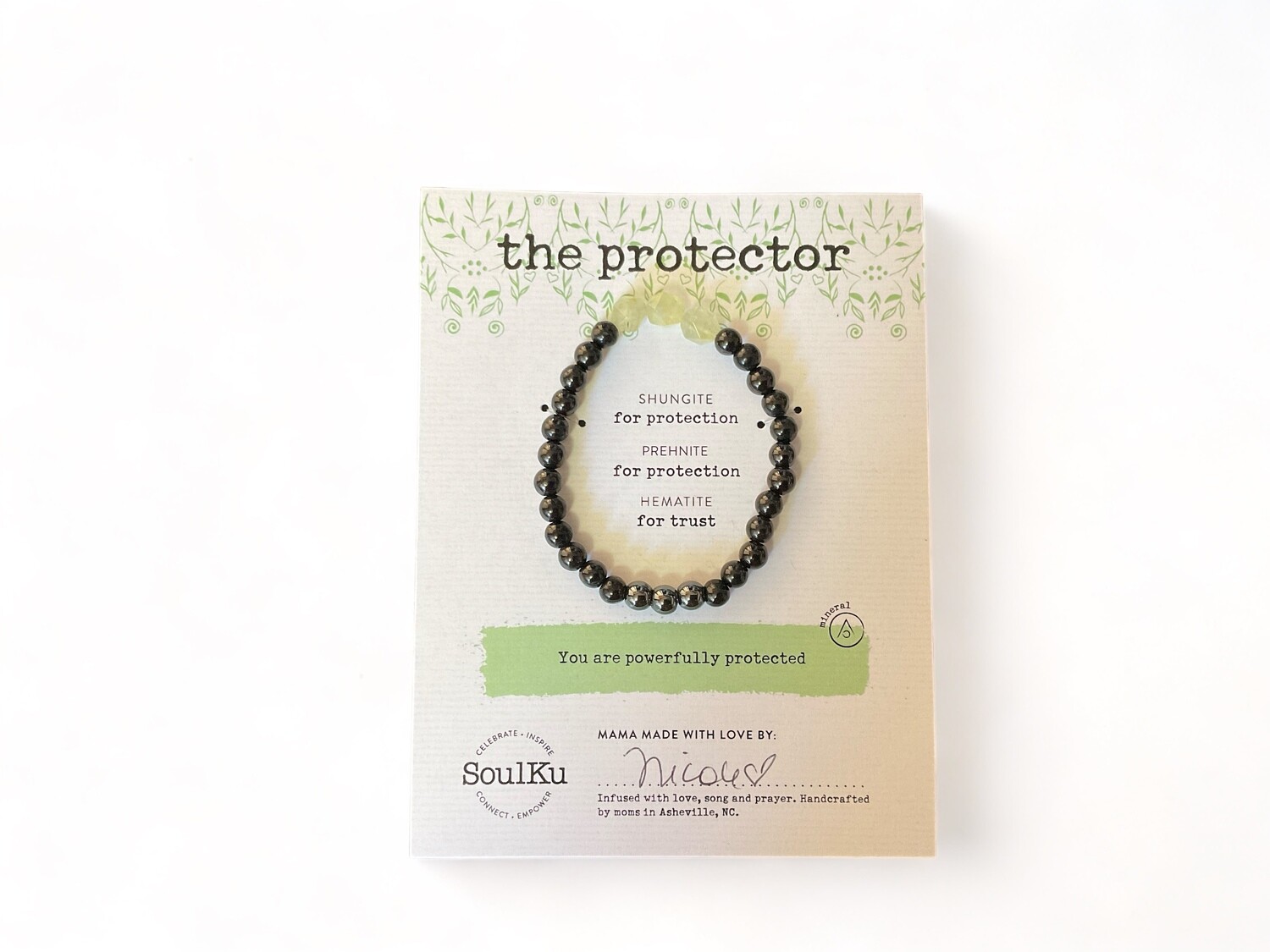 Image of a stylish Women’s Petite Protector Bracelet featuring 6mm dark Shungite beads and faceted Prehnite. The bracelet includes Hematite for grounding and protection from EMFs.
