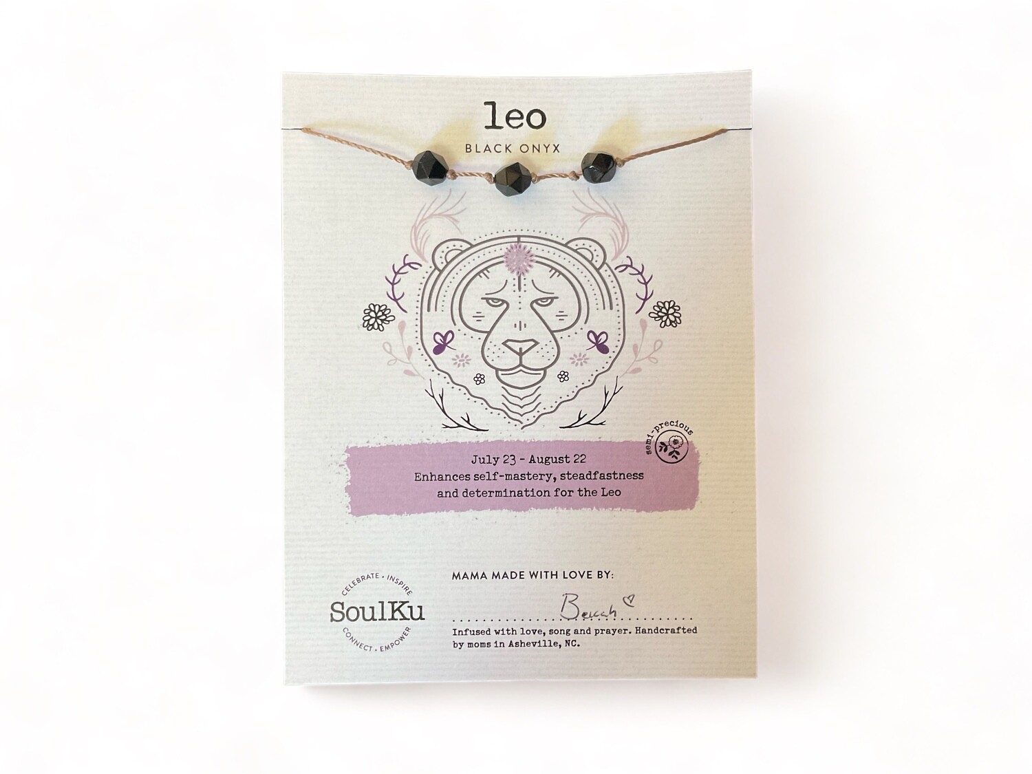 Photograph of a Black Onyx Leo Zodiac Necklace featuring deep black gemstones. The necklace is designed to enhance self-mastery and grounding, making it a thoughtful gift for those born under the Leo sign.