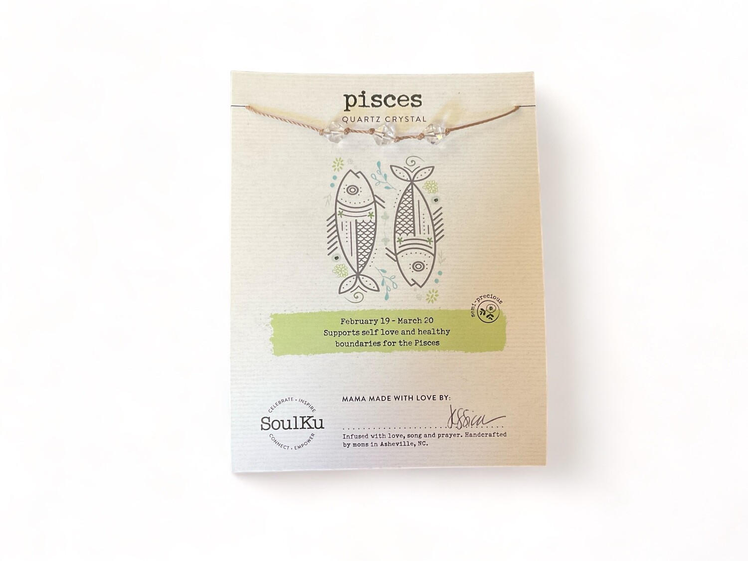Photo of a Pisces Zodiac necklace featuring a polished quartz crystal beads. The necklace designed for Pisces, symbolizing self-love and emotional balance.