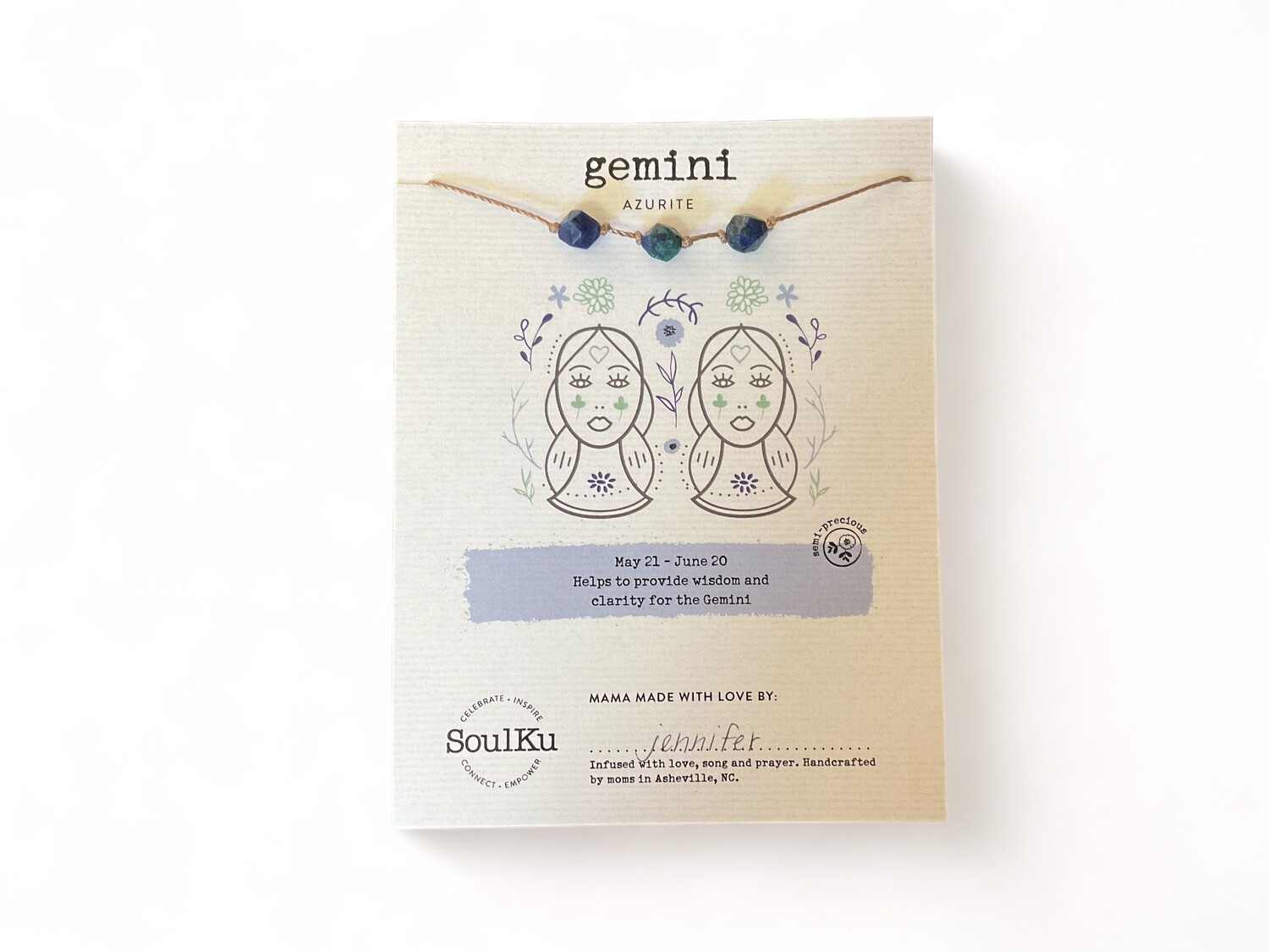 Image of a gemini zodiac necklace featuring a deep blue azurite gemstones. The necklace is designed to enhance wisdom and clarity for Gemini individuals, supporting insight and balanced decision-making.