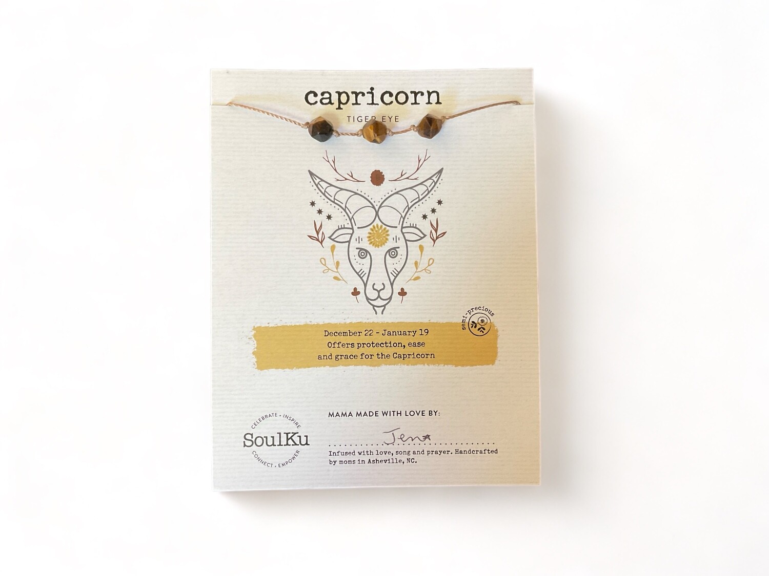 Image of a Capricorn Zodiac Necklace featuring Tiger Eye crystals. The necklace has rich, golden-brown stones designed to offer protection, ease, and grounding support for Capricorn placements.
