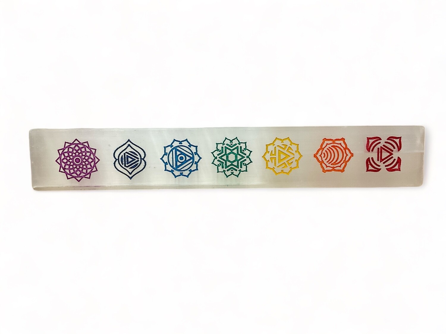 Image of a 6 to 7” long flat Selenite 7 Chakra Colorful Wand, ideal for energy alignment and spiritual practices. Enhances chakra balance and healing with vibrant colors.