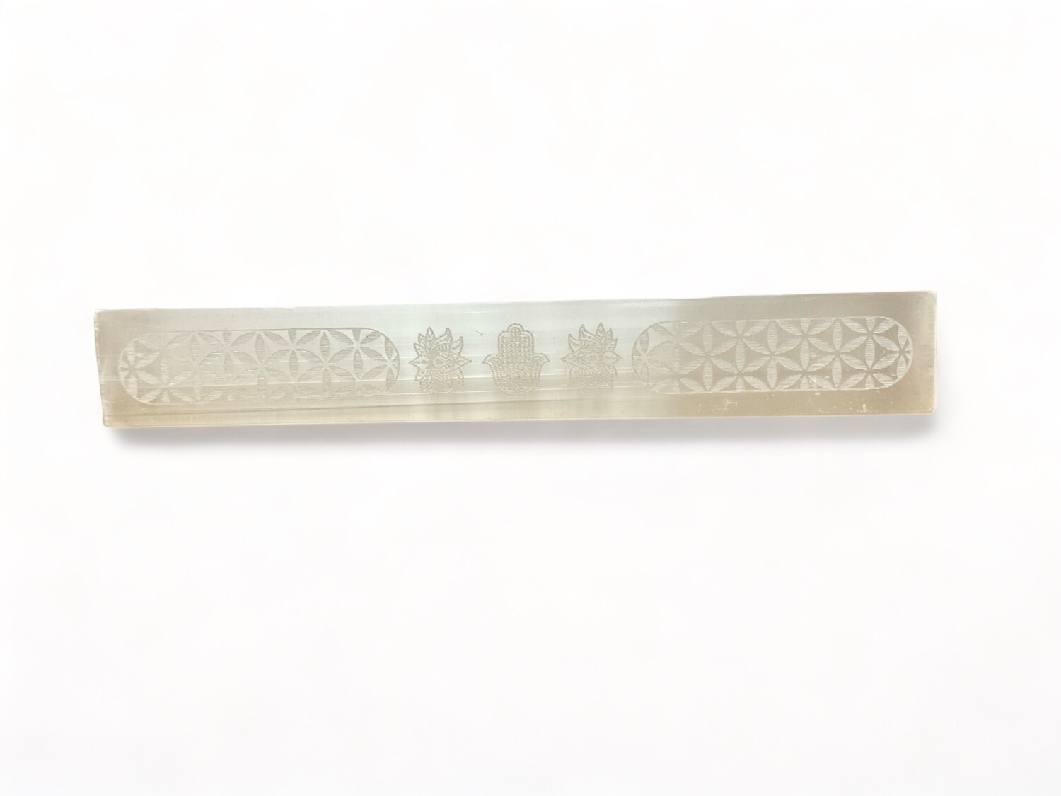 An image of a 6 to 7 inch Selenite Hamsa Wand designed for energy healing and protection. Perfect for embracing positivity and enhancing spiritual practices. Disclaimer: Stone color, size, or shape may slightly vary from image. Each order is randomly chosen by The Crystal Shrine staff.