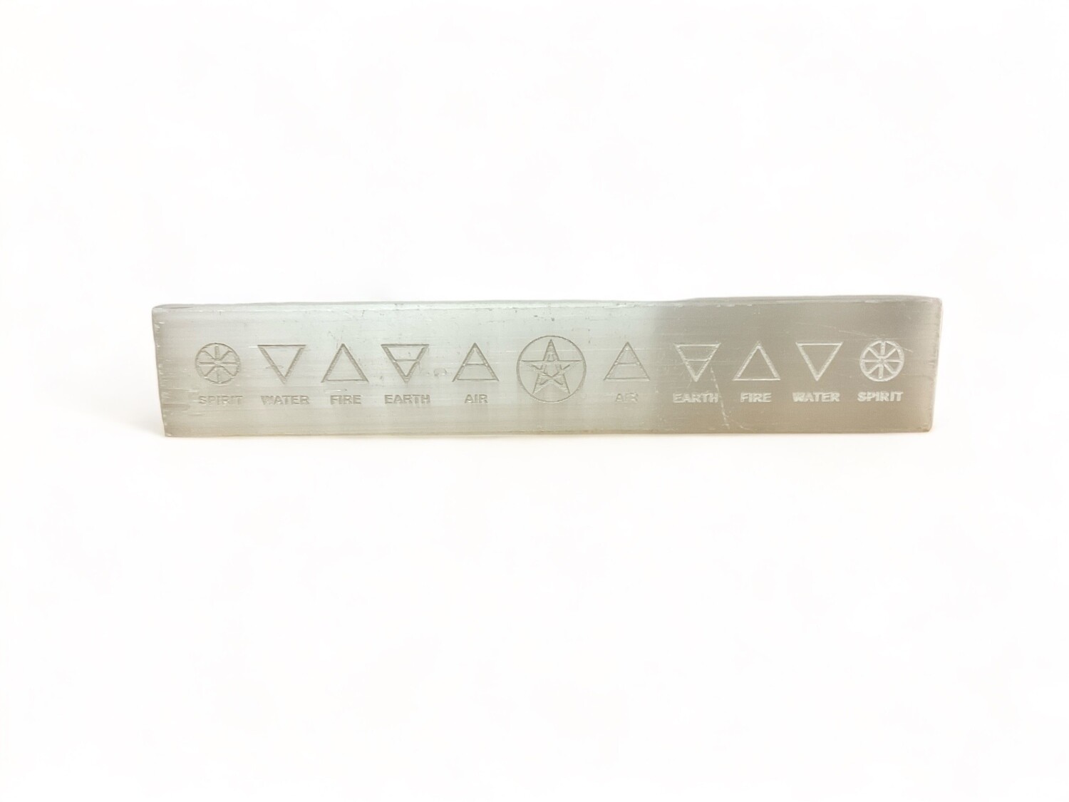 Photo of a 6 to 7 inch Selenite Five Element Wand designed for energy work and spiritual healing. Ideal for balancing and enhancing your energy practice.