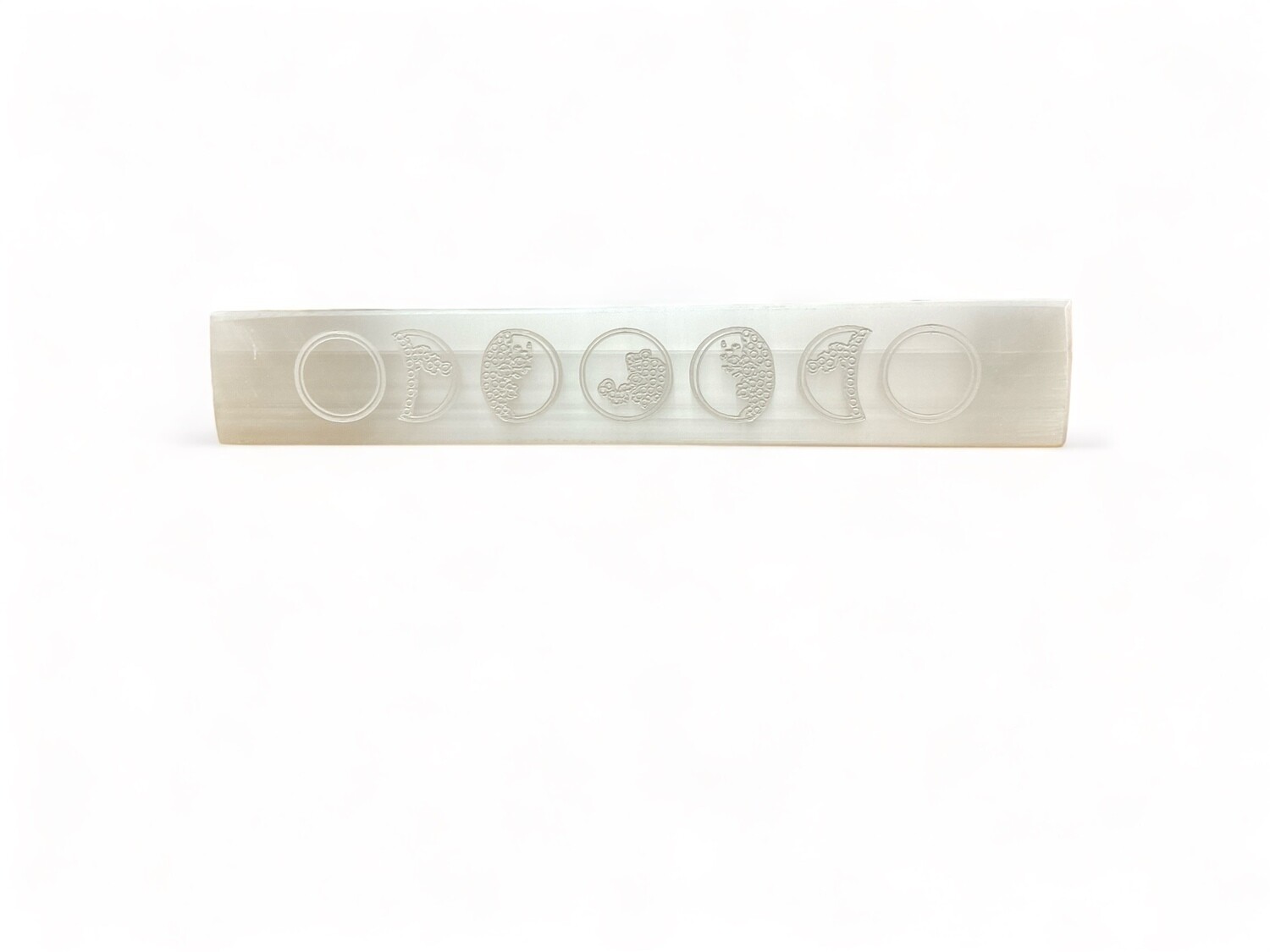 Photo of 8&quot; Selenite Moon Phase Wand with a sleek design, ideal for energy work and spiritual practices. Its elegant moon phase motif adds a touch of refinement to any ritual.