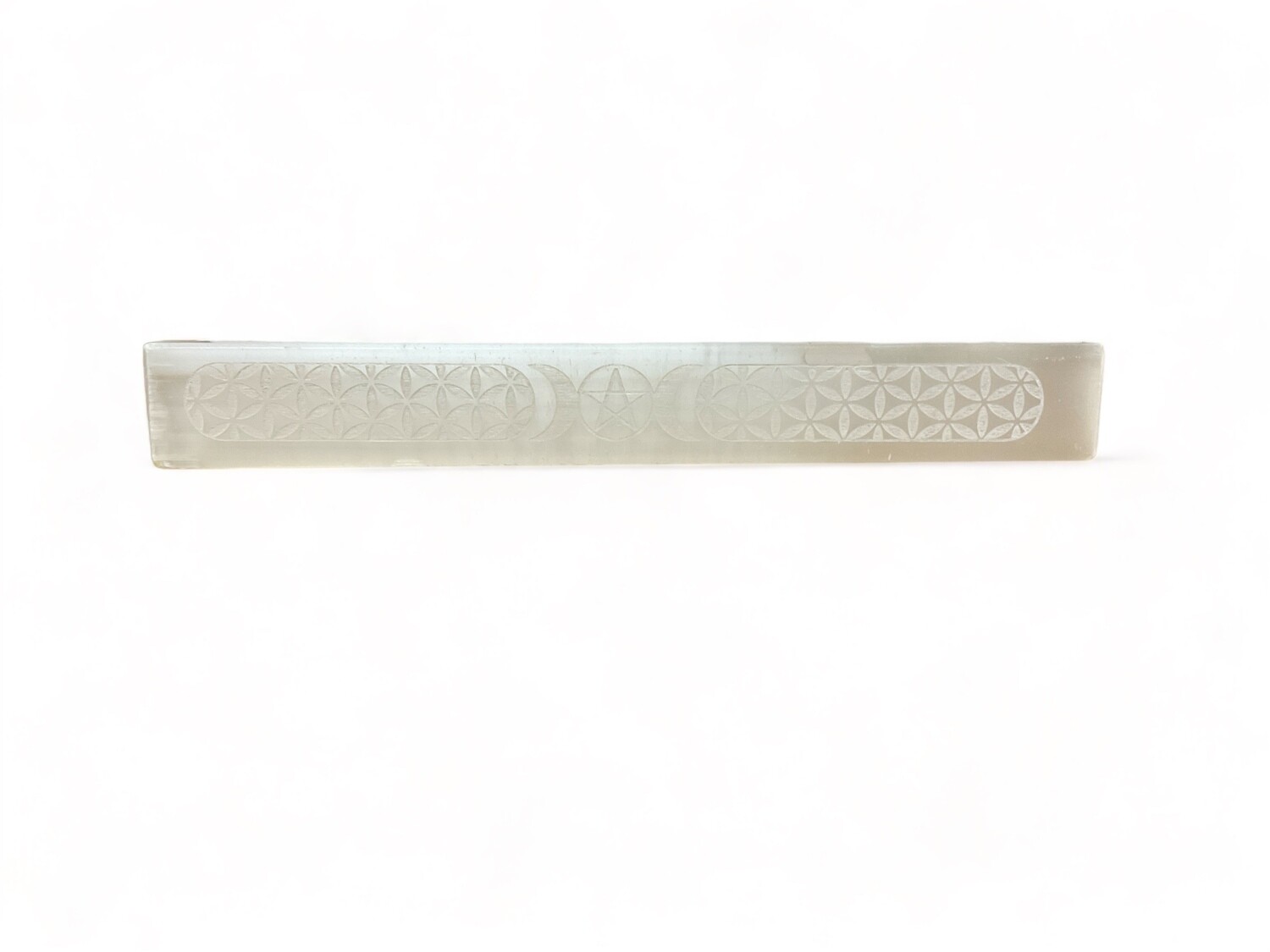 Image of a a 6 to 7” Selenite Triple Moon wand, ideal for energy healing and spiritual growth. Perfect for meditation and rituals, enhancing your practice with elegance. Disclaimer: Stone color, size, or shape may slightly vary from image. Each order is randomly chosen by The Crystal Shrine staff.
