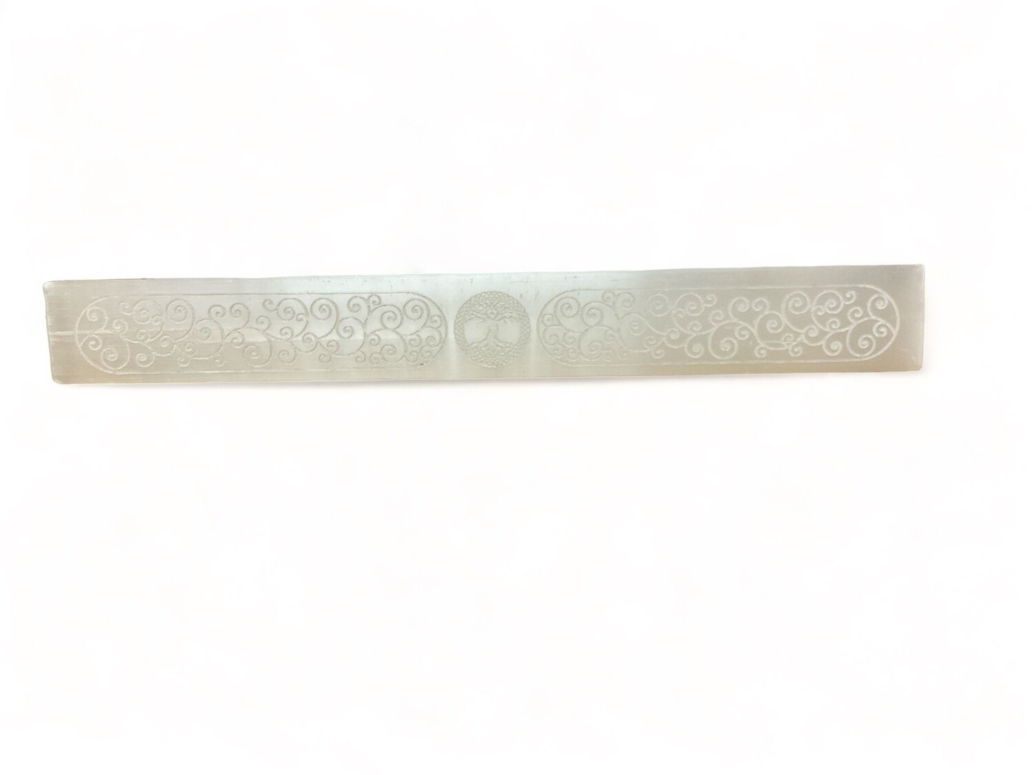 Photo of a 6 to 7” Selenite Tree of Life wand, ideal for energy healing and spiritual enhancement. Perfect for meditation and as a thoughtful gift. Disclaimer: Stone color, size, or shape may slightly vary from image. Each order is randomly chosen by The Crystal Shrine staff.