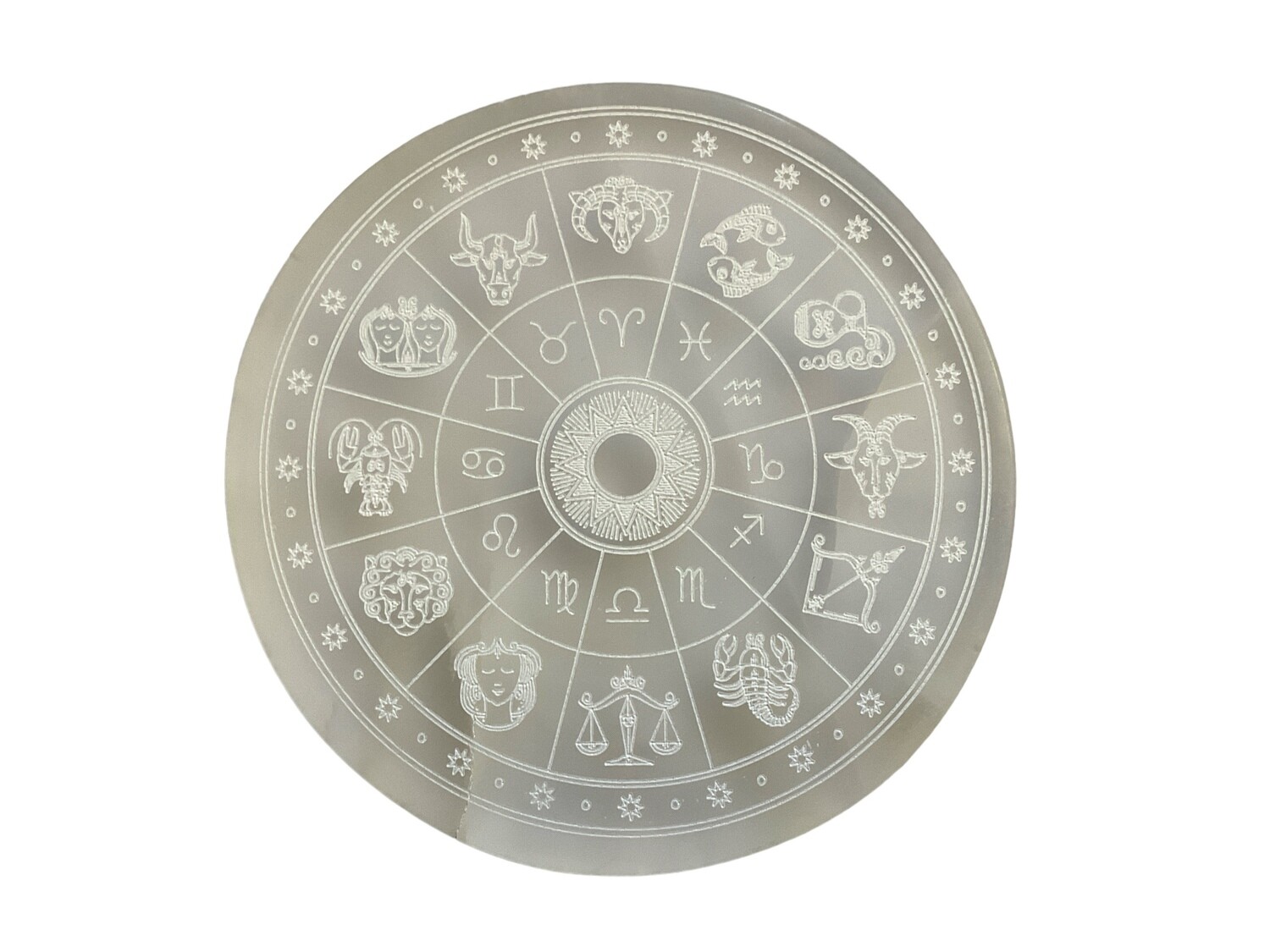 Photo of a distinctive Selenite Zodiac Circle Plate, ideal for astrological and metaphysical use. Note: Color, size, and shape may vary slightly from the image.