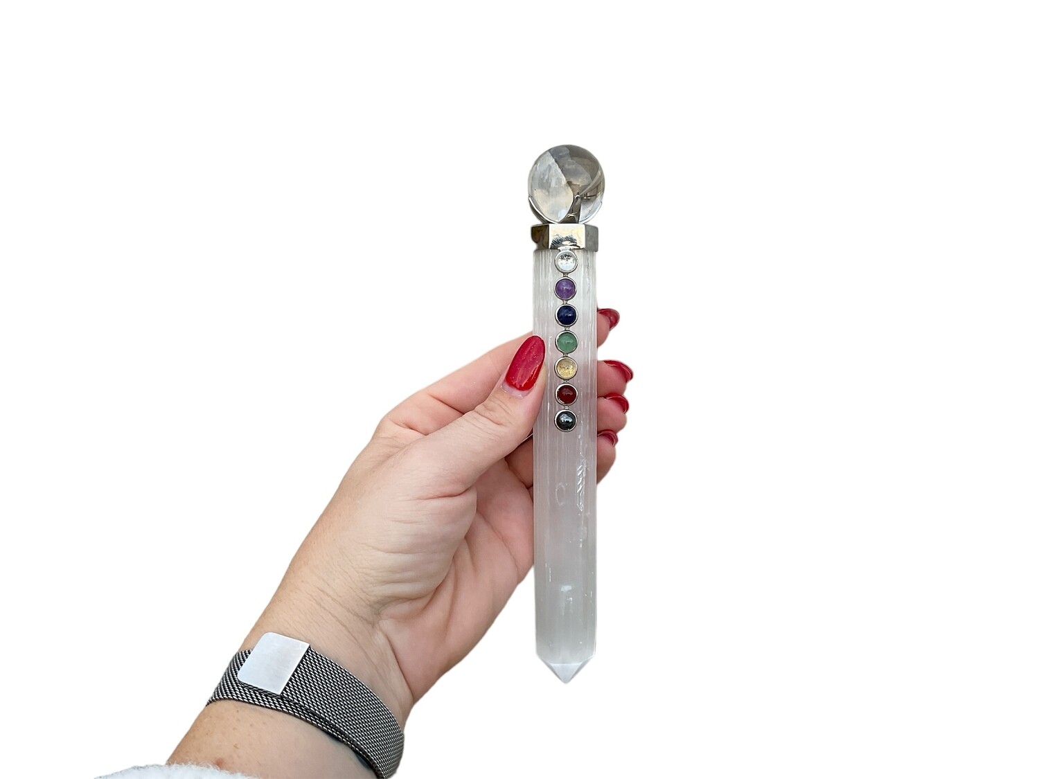 Photo of a large Selenite Chakra Wand with Quartz Sphere, designed for advanced energy work and chakra alignment. Ideal for spiritual enhancement and healing practices.