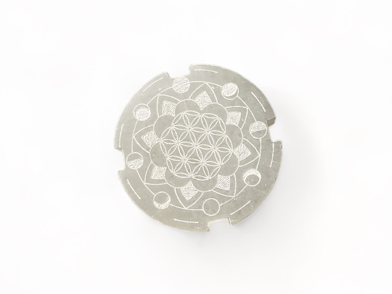 SELENITE ROUND ETCHED MOON PHASES 4&quot;