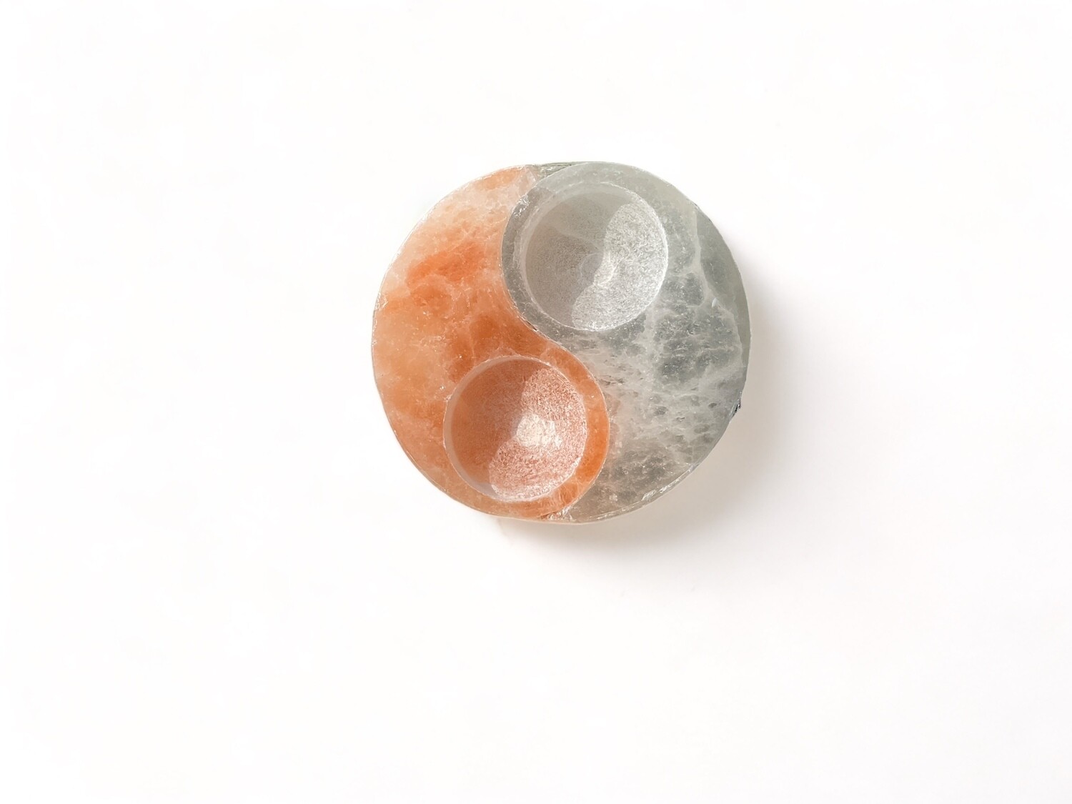 Image of Selenite Yin Yang candle holder with a balanced design and soothing glow, perfect for adding elegance and tranquility to your space. Ideal for spiritual décor.
