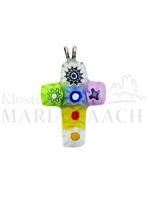 CROSS, MULTICOLORED, 3 X 2 CM, MADE OF VENETIAN MURANO GLASS, WITH BLACK CORD