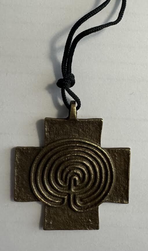 Labyrinth Cross Necklace on black cord