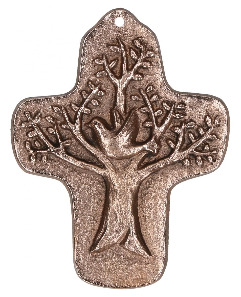 BRONZE COMMUNION CROSS - TREE OF LIFE WITH BLESSING DOVE