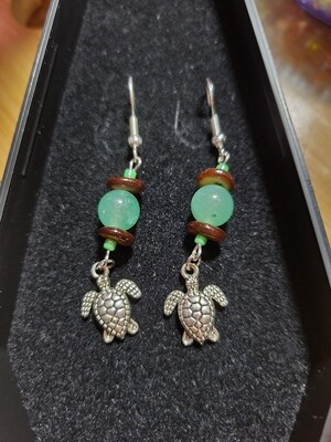 Green Aventurine Stone and Sea Turtle Earrings