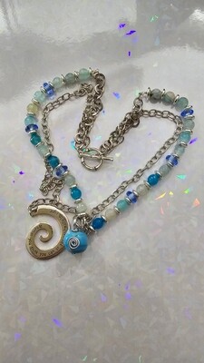 Double Chain Aquamarine Agate Hand-Beaded Necklace