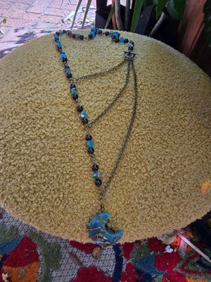 Moss Agate Crescent Moon Hand-Beaded Necklace 