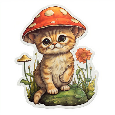 Mushroom Hat Cat Mushroom Sticker
